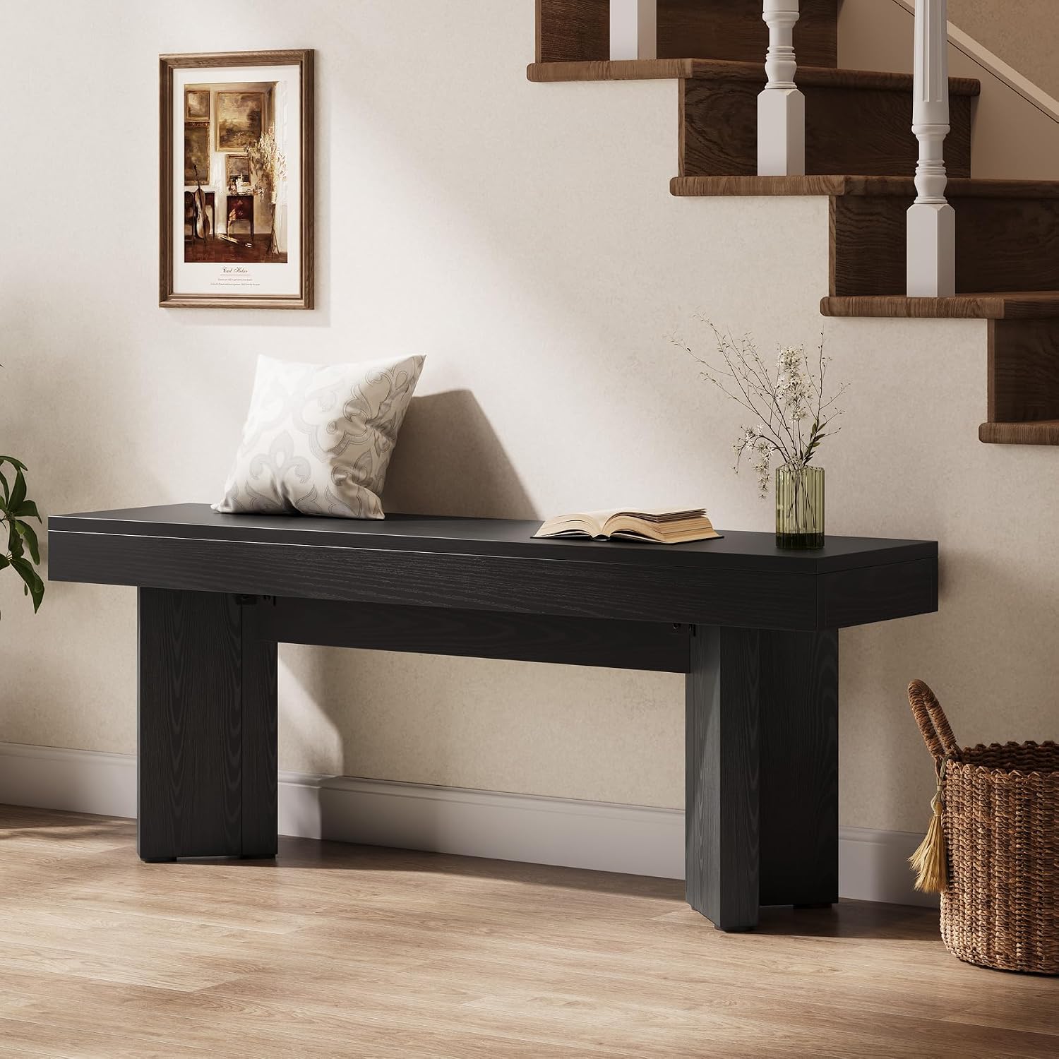 Tribesigns 47" Wooden Entryway Bench | Farmhouse Indoor End of Bed Bench, Long Table Benches Seat for Bedroom, Hallway, Foyer, End of Bed (Black)