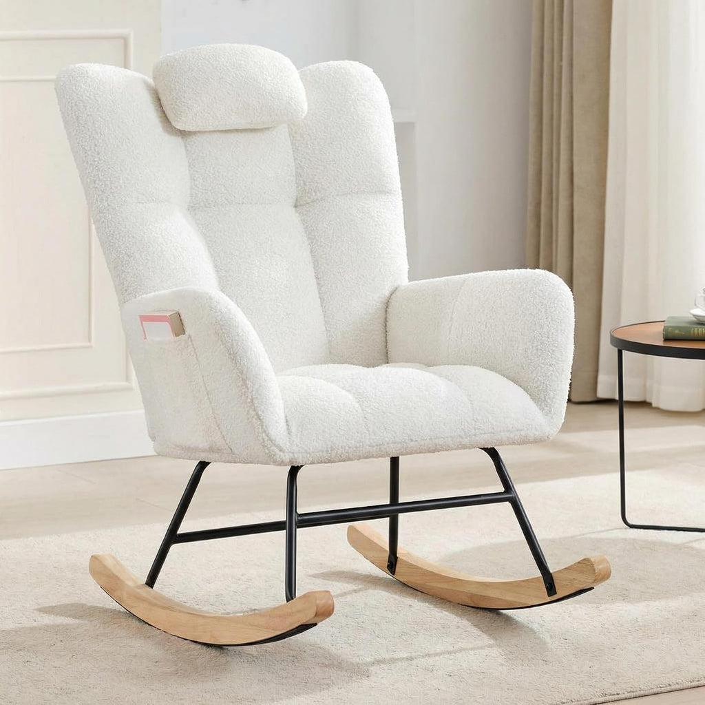 Nursery Teddy Rocking Chair, Soft Upholstered Glider Rocker for Adults, Space-Saving Nursing Chair for Living Room, Bedroom, and Classroom Use, Beige
