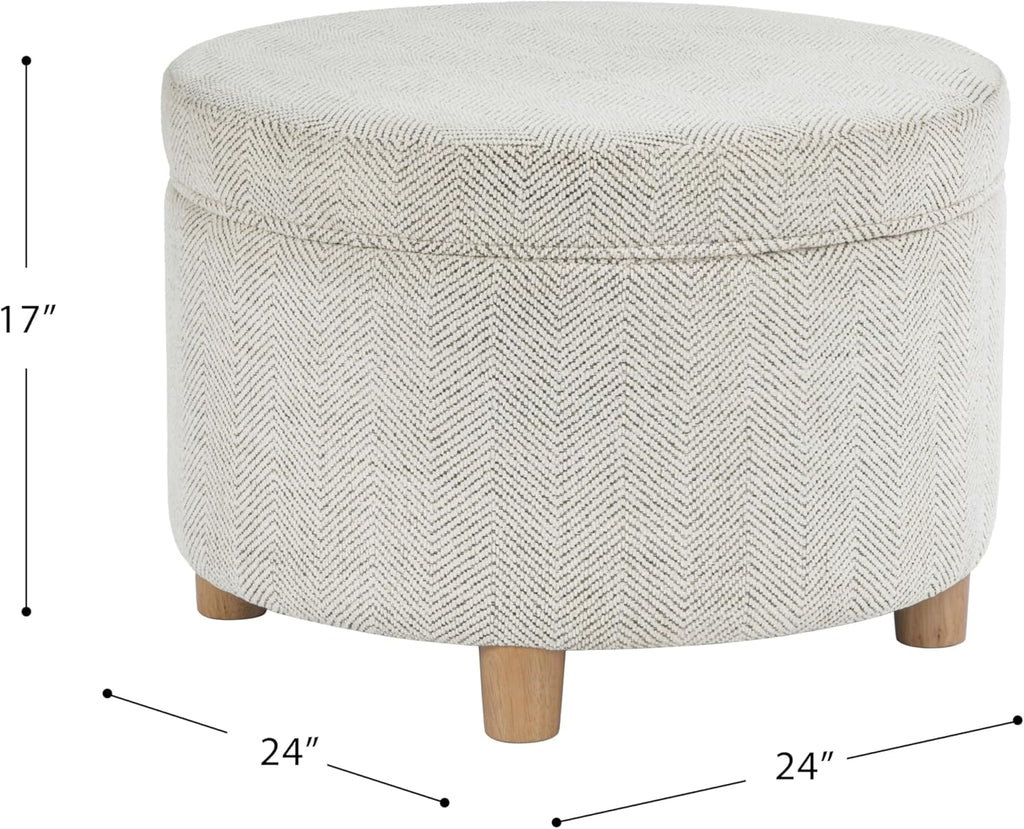 Homepop Home Decor | Upholstered Round Storage Ottoman | Ottoman with Storage for Living Room & Bedroom (Cream Chevron Woven) Large