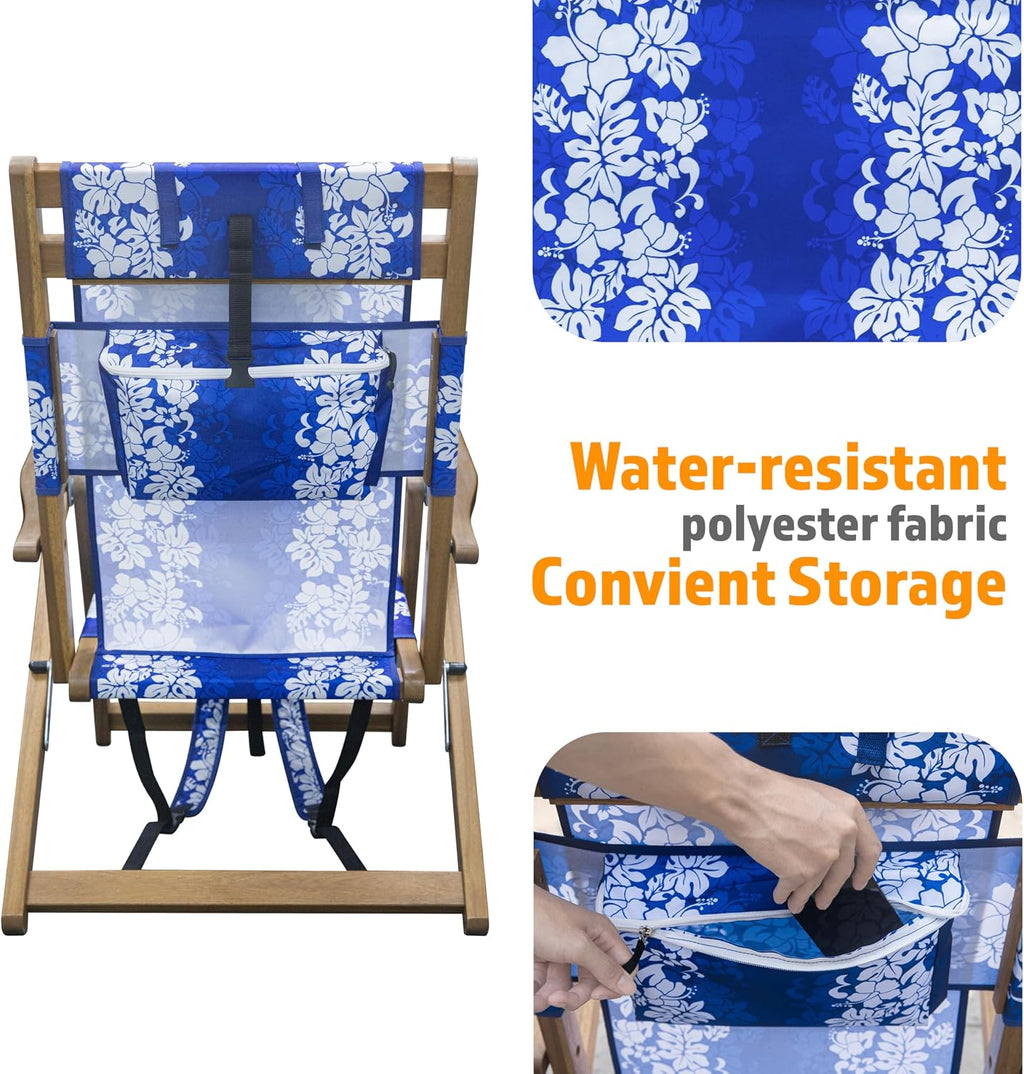 Melino Wooden Folding Outdoor Chair – 3-Position Reclining Beach Sling w/ Pillow, Zipper Pouch, Carry Strap – Acacia Wood Frame for Patio, Lawn, Garden, Pool 225 lbs Support - Portable Lounge, Floral