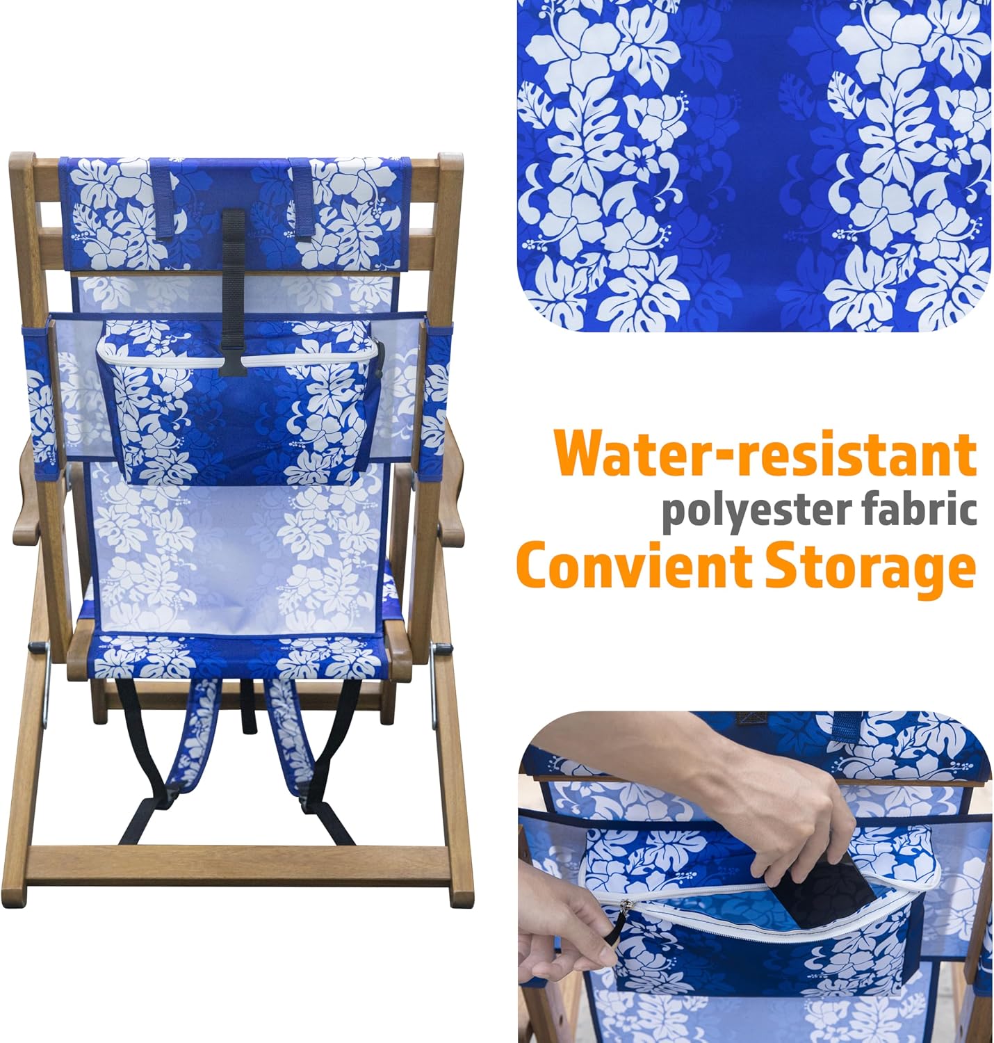 Melino Wooden Folding Outdoor Chair – 3-Position Reclining Beach Sling w/ Pillow, Zipper Pouch, Carry Strap – Acacia Wood Frame for Patio, Lawn, Garden, Pool 225 lbs Support - Portable Lounge, Floral