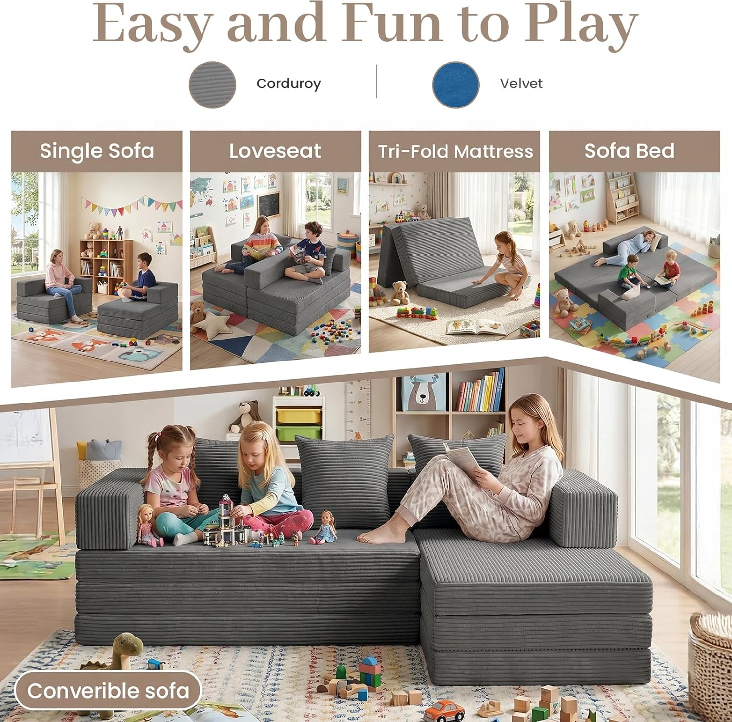 Modular Floor Sofa, 4-in-1 Convertible L-Shaped Sectional Couch, Waffle Texture Foldable Futon Mattress Daybed, No Assembly 1800lbs Heavy Duty Sleeper Sofa for Living Room, Dorm