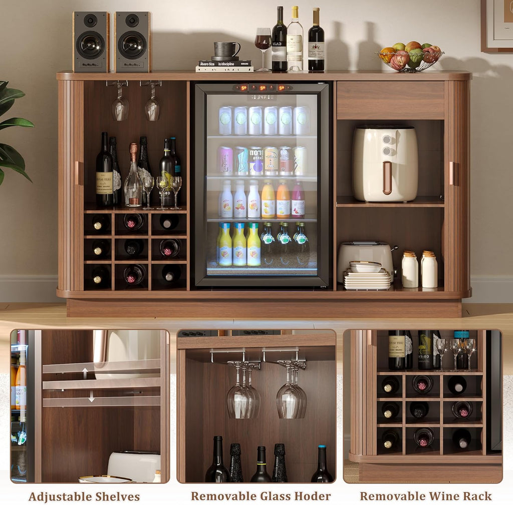 Coffee Bar Cabinet with Fridge Space, Liquor Wine Bar Cabinets with Wine Rack and Glass Holder, Mini Fridge Cabinet with Storage, Fluted Buffet Sideboard for Living Room, Home, Kitchen