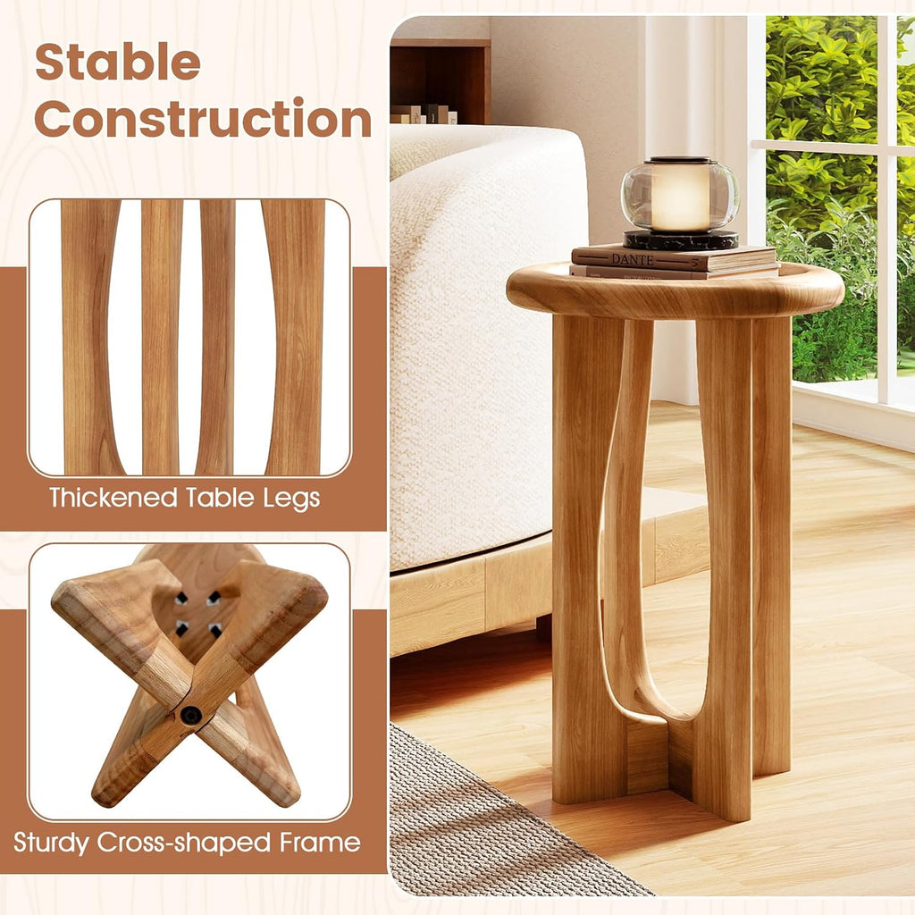 Tangkula Round Side Table, 14” Mahogany Accent Table with Tray Top & Solid Wood Cross Legs, Sofa Bedside End Table for Living Room, Bedroom, Porch, Backyard, Natural