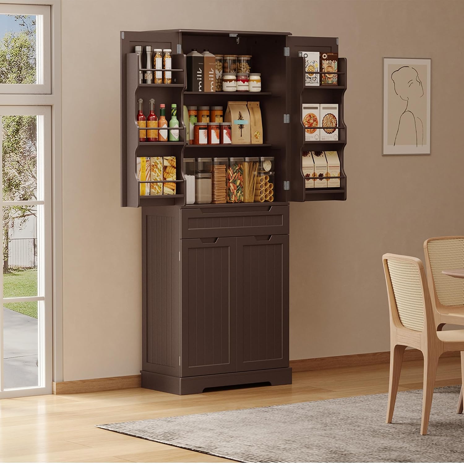 Gizoon 71" Tall Kitchen Pantry Cabinet with Doors and Adjustable Shelves, Pantry Storage Cabinet with Drawer for Small Kitchen Bathroom Laundry Room, Painted Dark Brown
