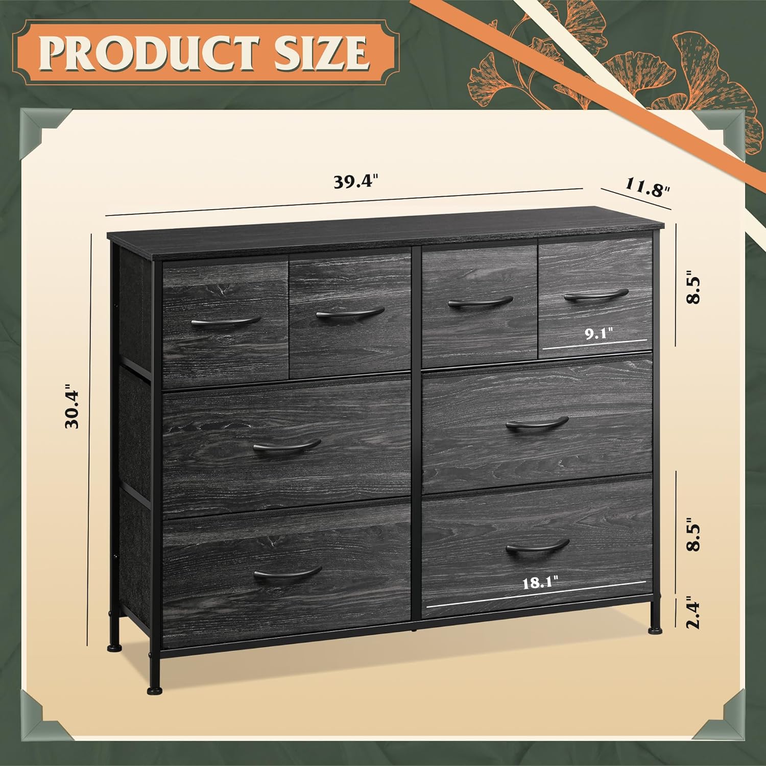 WLIVE Dresser for Bedroom with 8 Drawers, Wide Fabric Dresser for Storage and Organization, Bedroom Dressers, Chest of Drawers for Living Room, Closet, Hallway, Charcoal Black Wood Grain Print
