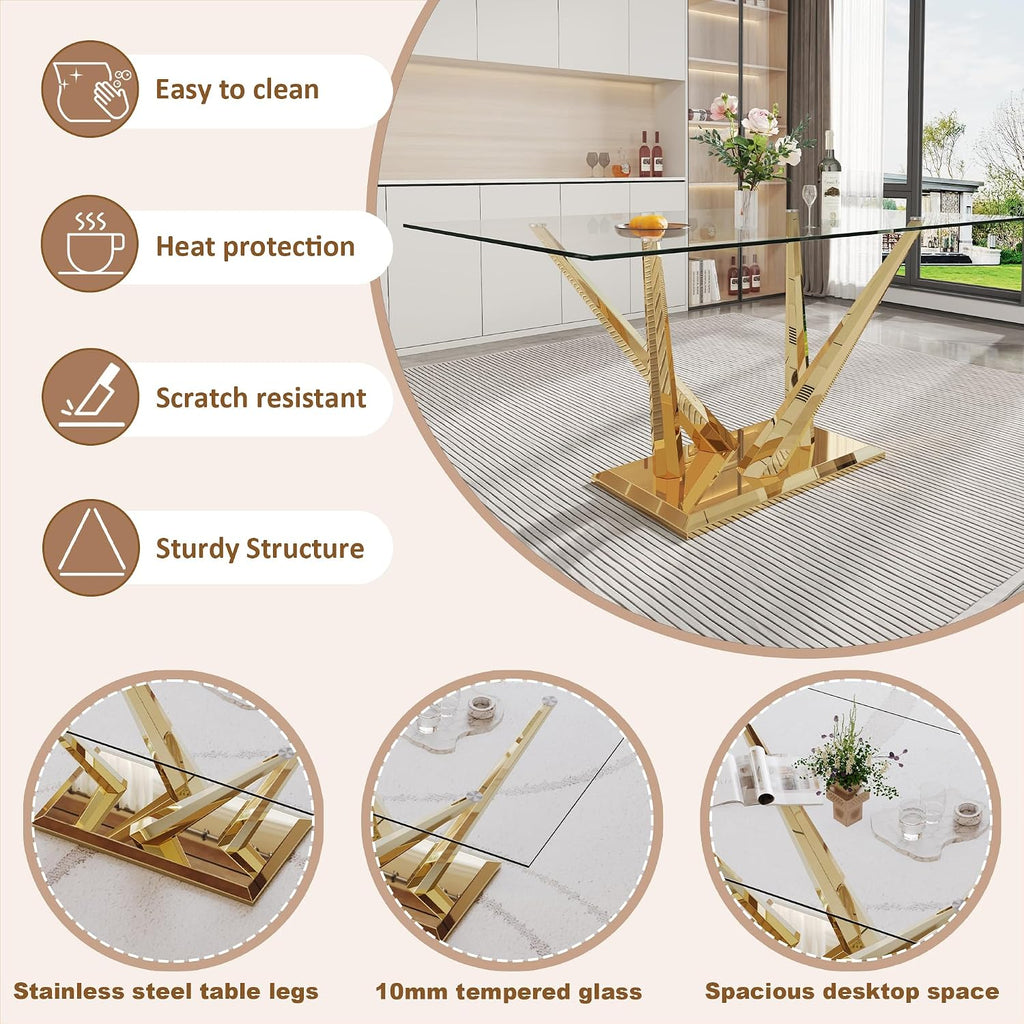 Rectangle Glass Dining Table for 4-6, 62" with Tempered Glass Table Top and Crossed Stainless Steel Base, Modern Kitchen Table for Home, Kitchen, Dining Room, Gold