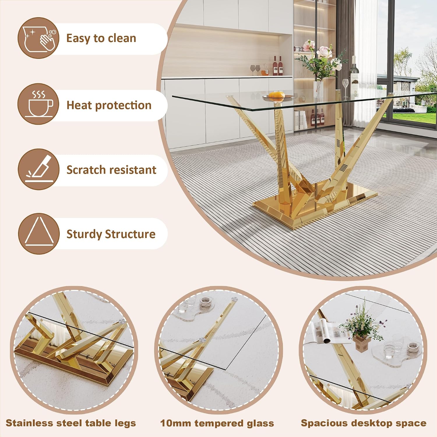Rectangle Glass Dining Table for 4-6, 62" with Tempered Glass Table Top and Crossed Stainless Steel Base, Modern Kitchen Table for Home, Kitchen, Dining Room, Gold