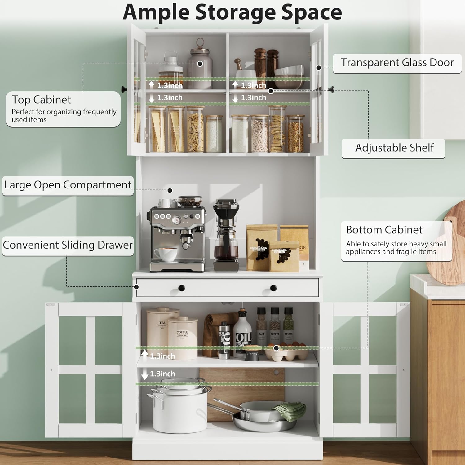 Garvee 72 Inch Kitchen Pantry Cabinet with Glass Doors, Drawer and Adjustable Shelves, Farmhouse Tall Storage Cabinet with Open Countertop, Coffee Bar Cabinet for Coffee Corner, White