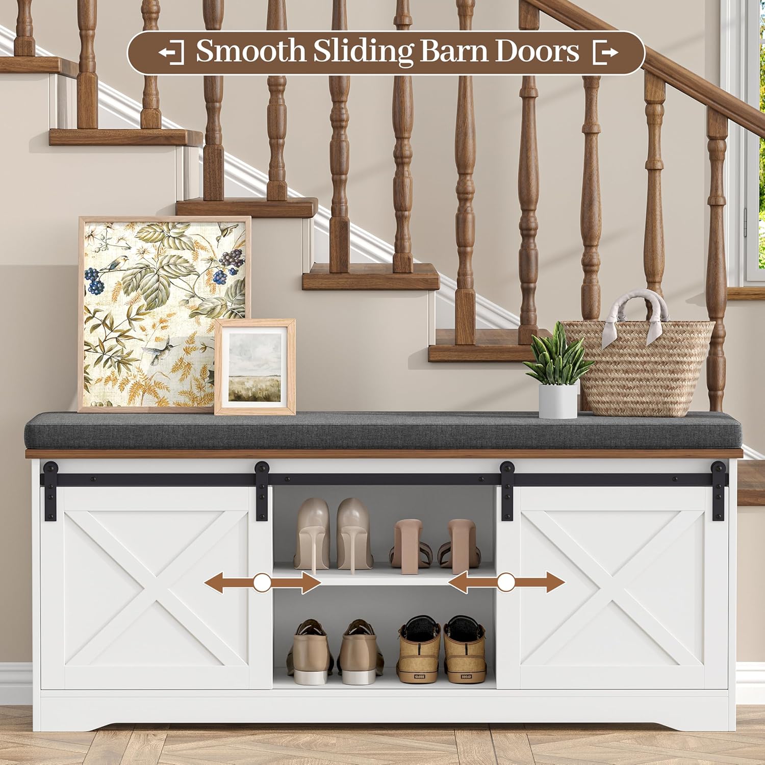 Farmhouse Storage Bench with Cushion, 47.2" Shoe Bench with Slide Barn Doors and Adjustable Shelves, Entryway Bench with Storage for Bedroom, Closet, Living Room, Hallway, White