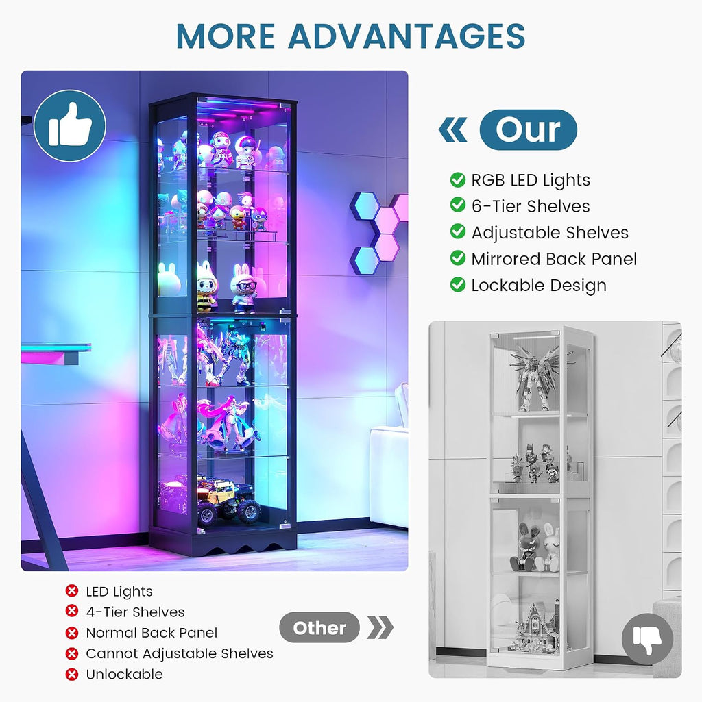 Dystler Display Cabinet with Glass Doors, 6 Tier RGB Lights Curio Cabinet | Adjustable Shelves, Human Sensor Lighting, Modern LED Display Case for Collectibles, Black
