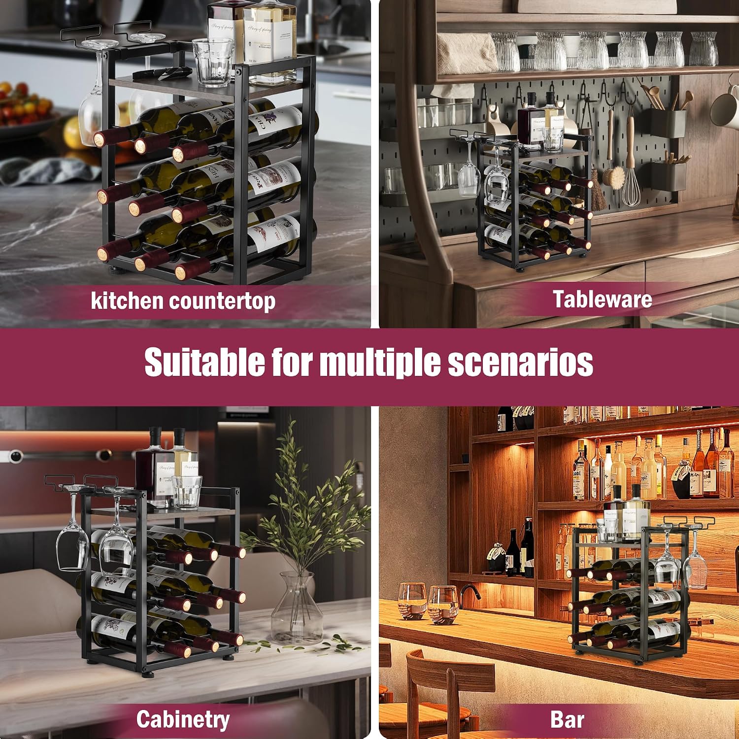 Wooden Countertop Wine Rack with Tray, Freestanding Wine Bottle Holder for 9 Bottles & 2 Glasses, Rustic Wine Stand for Home, Bar, Kitchen, Wine Cellar