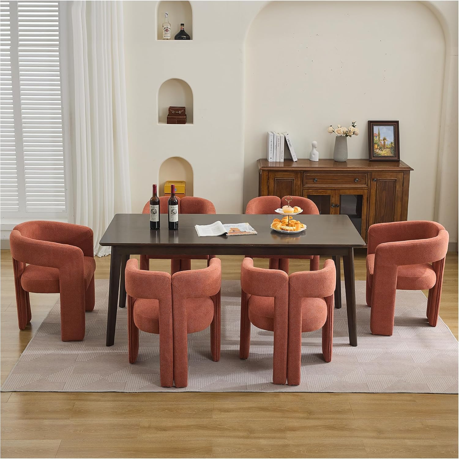 adochr Modern Barrel Dining Chairs Set of 6, Upholstered Linen Dining Room Chair with Wooden Legs, Accent Chairs with Arms, Comfy Side Armchairs for Kitchen/Dining Room/Living Room, Orange