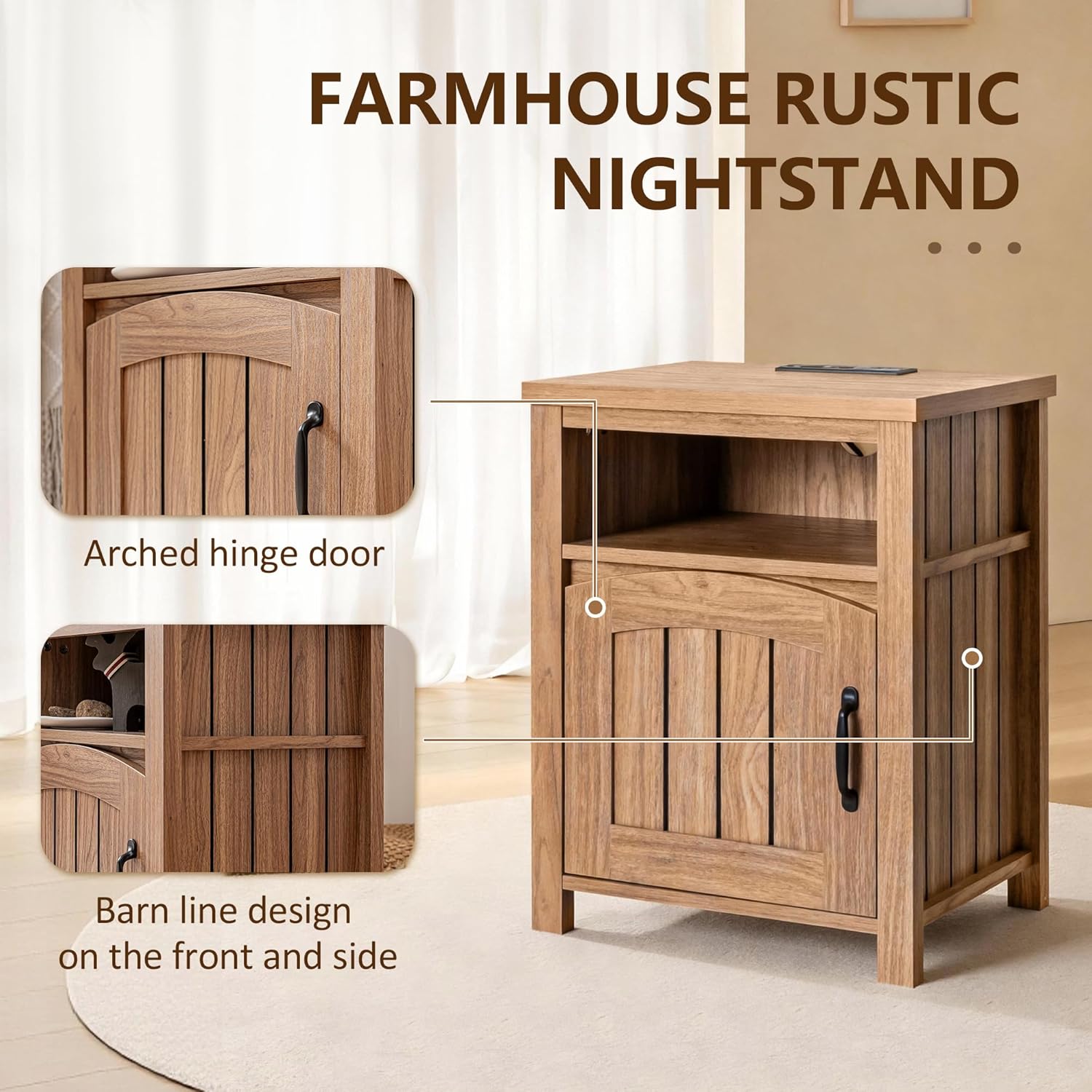 Farmhouse Nightstand with Charging Station, 18" End Table with Adjustable Storage Shelf, Rustic Wood Sofa Side Table with Door for Living Room, Bedroom, Oak