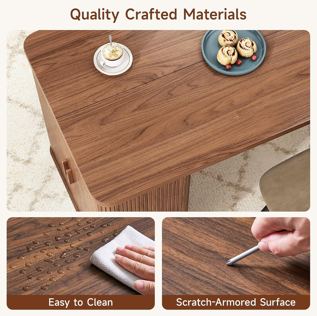 ONBRILL 61 Inch Kitchen Island with Storage, Fluted Counter Height Table, Mid-Century Modern Kitchen Island Table with Sliding Door, Home Bar Tables with Wine Rack and Drawers (Walnut)