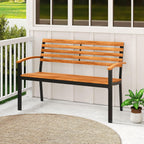 Giantex Outdoor Bench, Acacia Wood Patio Loveseat with Slatted Backrest & Seat, Armrests, Heavy Duty Metal Frame, 800 lbs Capacity, 2-Person Garden Bench for Lawn, Porch, Yard and Park