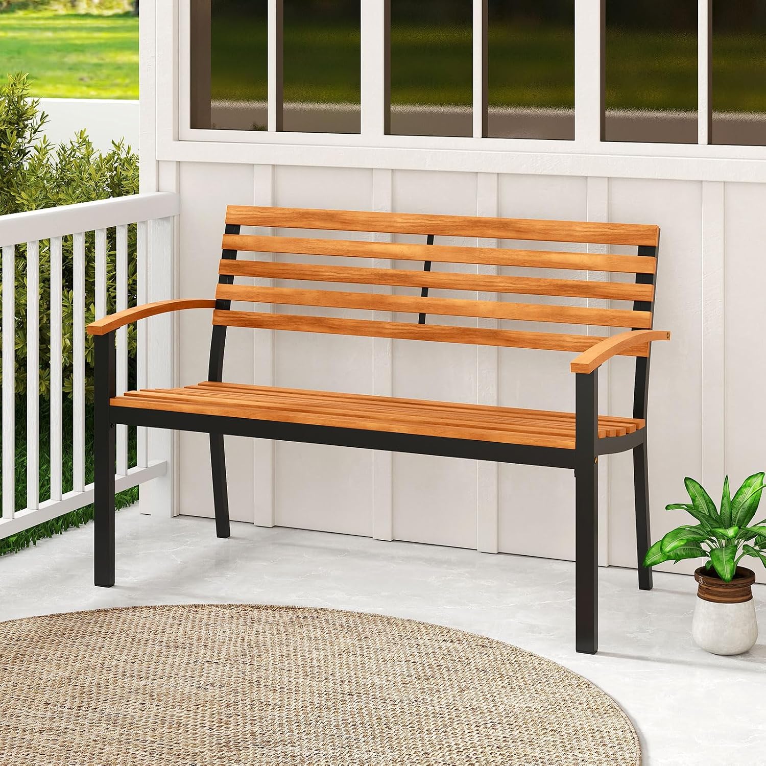 Giantex Outdoor Bench, Acacia Wood Patio Loveseat with Slatted Backrest & Seat, Armrests, Heavy Duty Metal Frame, 800 lbs Capacity, 2-Person Garden Bench for Lawn, Porch, Yard and Park