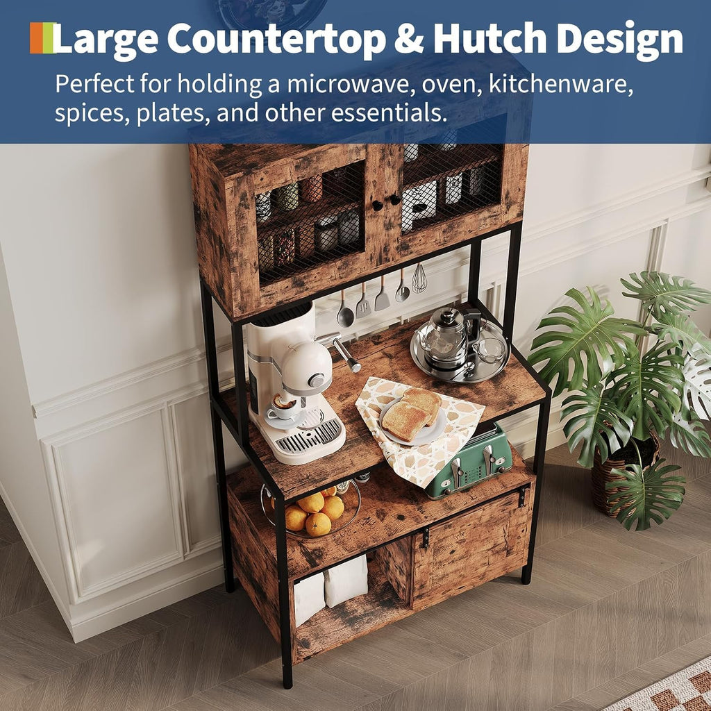6-Tier Kitchen Baker's Rack with Power Outlets and Storage Cabinet, Large Microwave Stand, Coffee Bar Station with 8 s-Hooks, Freestanding Utility Organizer Rack, Vintage Brown