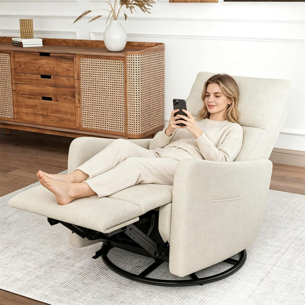 29" 270 Swivel Rocker Velvet Modern Comfort Lazy Cloud Chair, Upholstered Deep Seat Single Sofa with USB Port, Fashion Lounge Chair Side Pocket for Nursery Theater Small Spaces, Beige