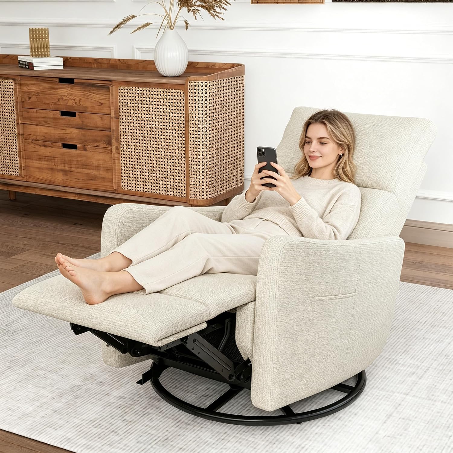 29" 270 Swivel Rocker Velvet Modern Comfort Lazy Cloud Chair, Upholstered Deep Seat Single Sofa with USB Port, Fashion Lounge Chair Side Pocket for Nursery Theater Small Spaces, Beige