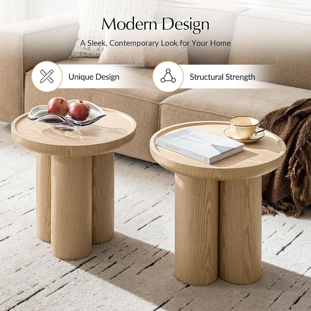 HULALA HOME Modern Round Side Table, 19.75" Oak Wood Veneer End Table with Sculptural 3-Post Base, Fully Assembled Contemporary Accent Table for Living Room, Bedroom, Small Spaces, Oak