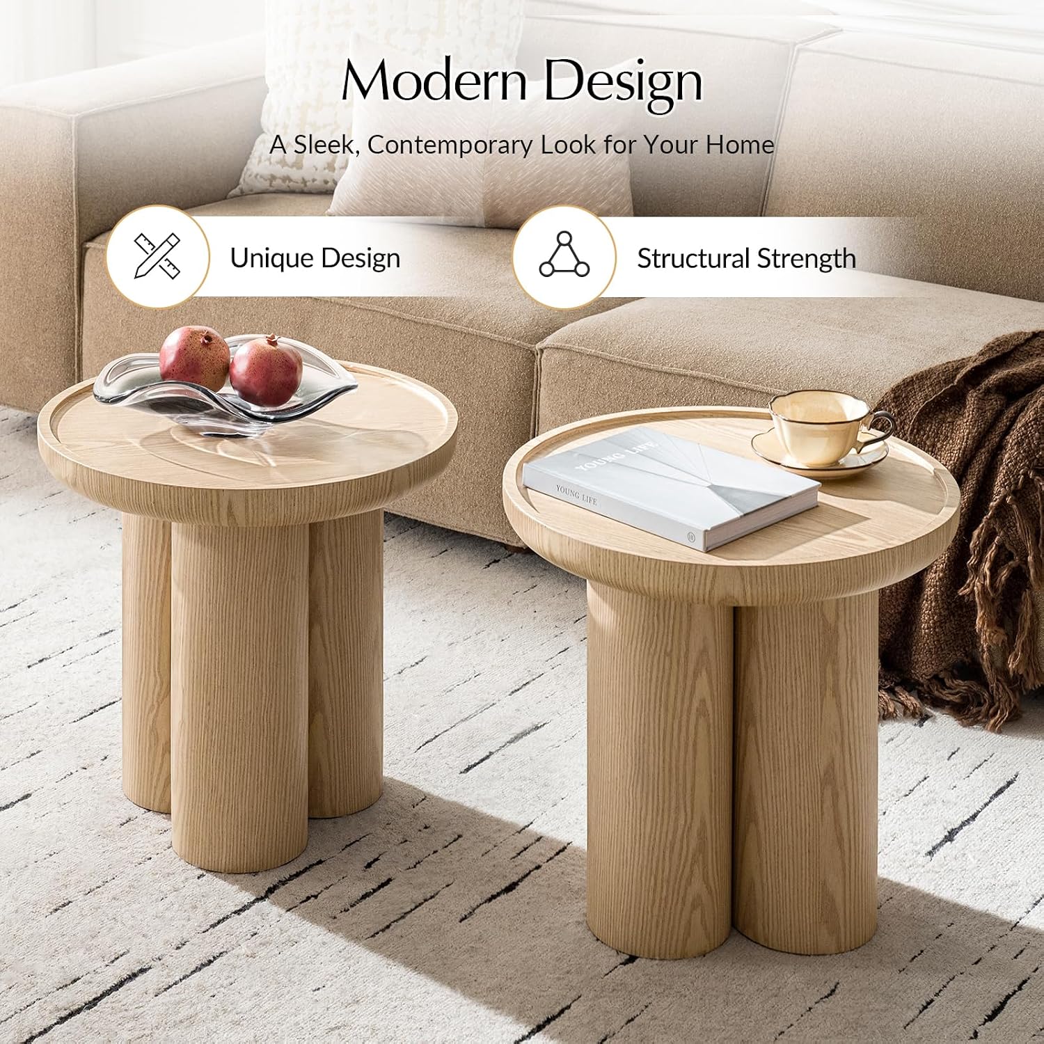 HULALA HOME Modern Round Side Table, 19.75" Oak Wood Veneer End Table with Sculptural 3-Post Base, Fully Assembled Contemporary Accent Table for Living Room, Bedroom, Small Spaces, Oak