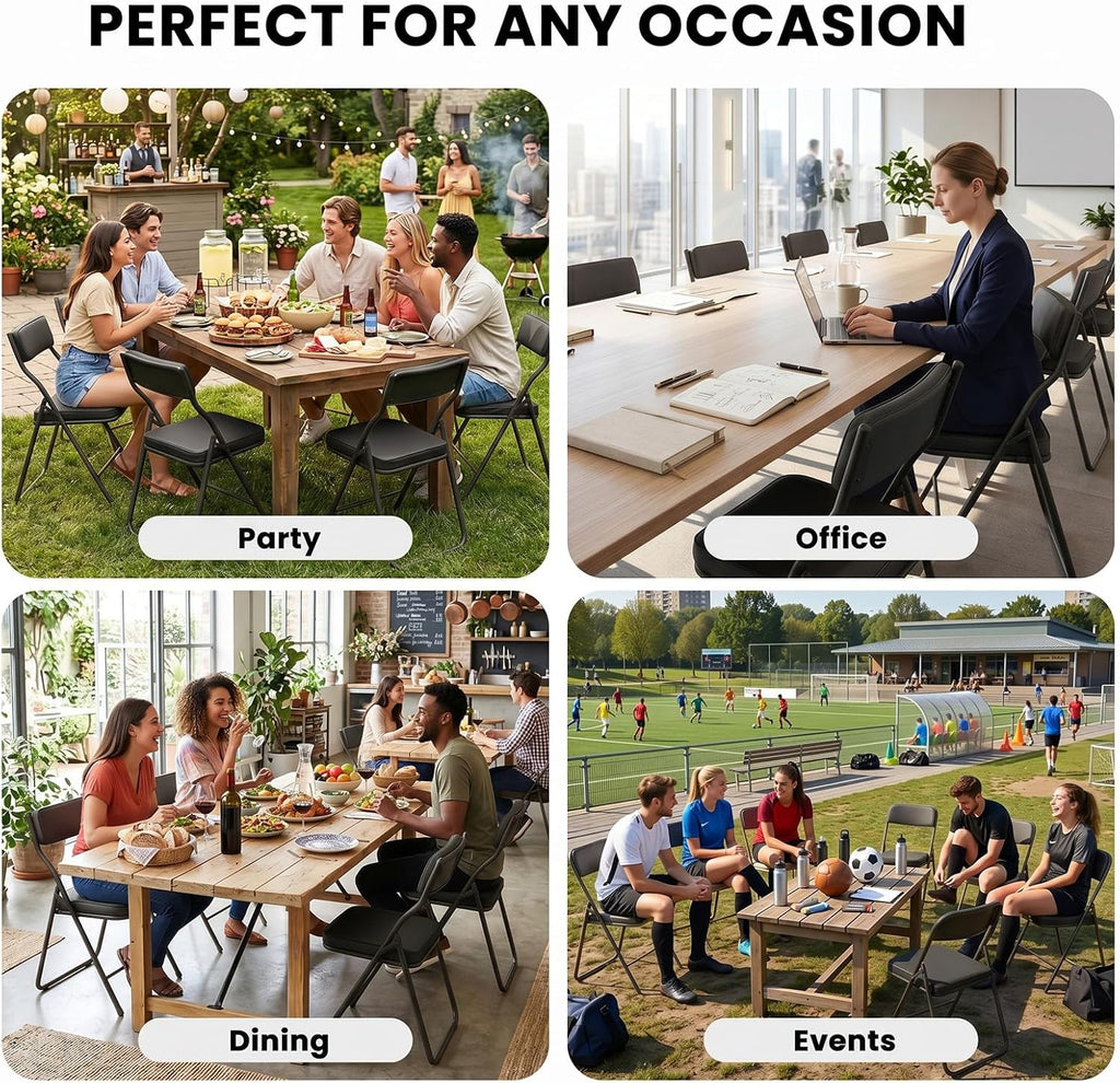 4 Pack Padded Folding Chairs, Foldable Chairs with Thick Cushion & Backrest, 350 lbs Portable Folding Chairs with Steel Frame for Dining Office Party Wedding Indoor Outdoor, Black