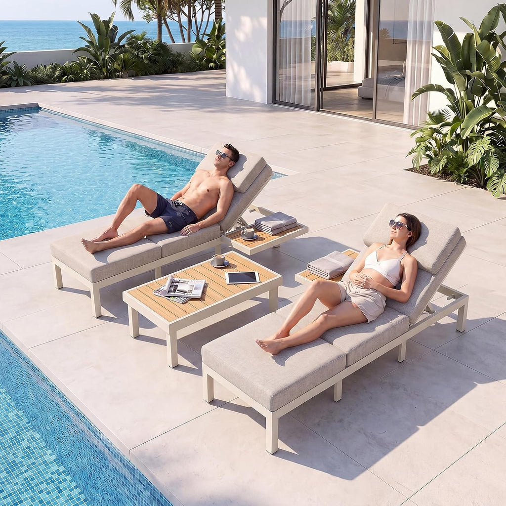 3-Seat Modular Aluminum Outdoor Sofa, Adjustable Reclining Design with Removable Side Table, All-Weather Patio Furniture Set with Water-Resistant Cushions for Backyard Poolside, Beige