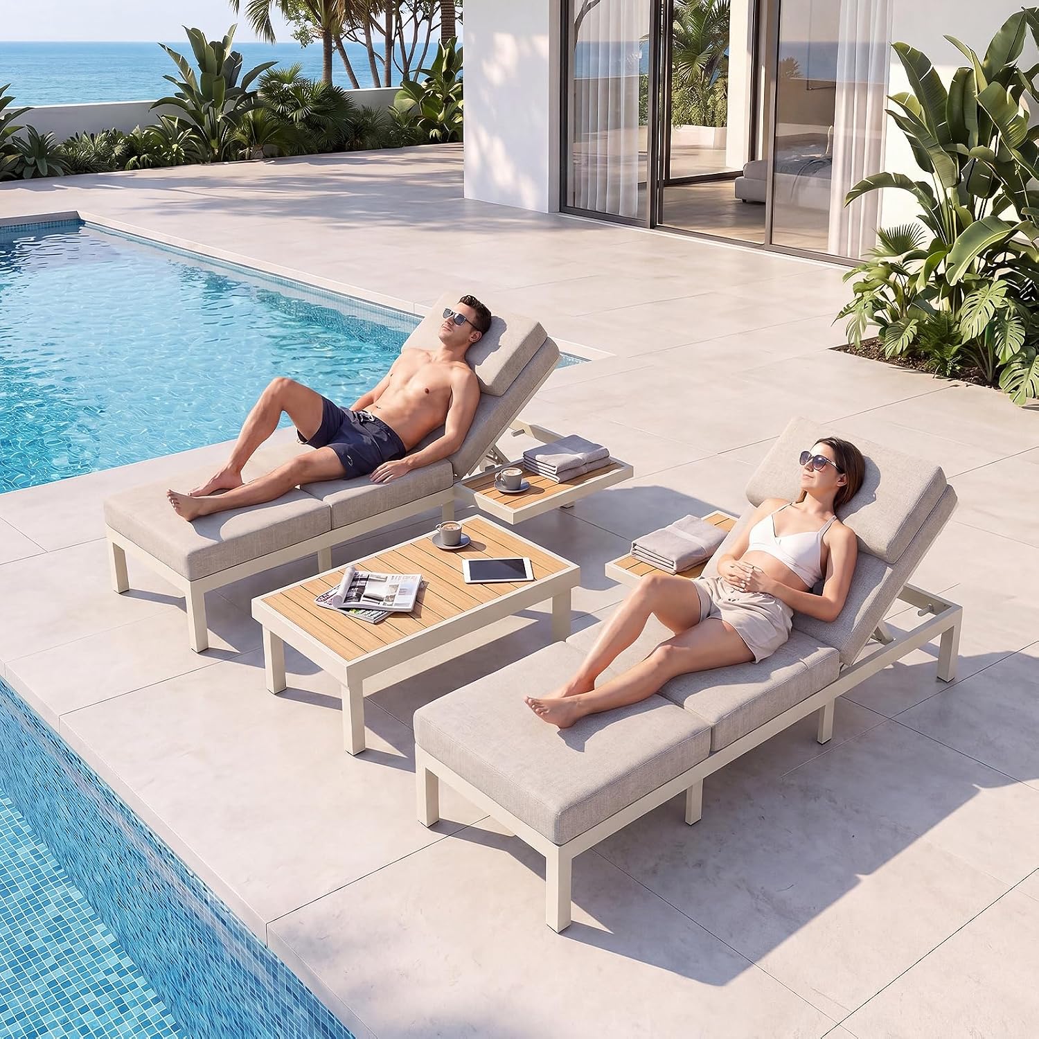 3-Seat Modular Aluminum Outdoor Sofa, Adjustable Reclining Design with Removable Side Table, All-Weather Patio Furniture Set with Water-Resistant Cushions for Backyard Poolside, Beige