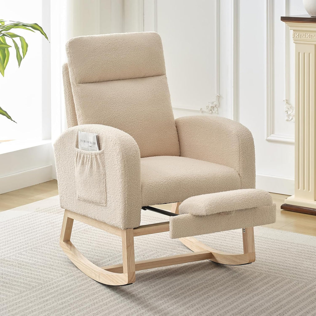 GarveeLife Nursery Rocking Chair,300lb Glider Chair with Solid Wood Legs/Two Side Pockets,Teddy Upholstered Glider Rocker with Footrest High Backrest for Living Room/Bedroom/Nursery
