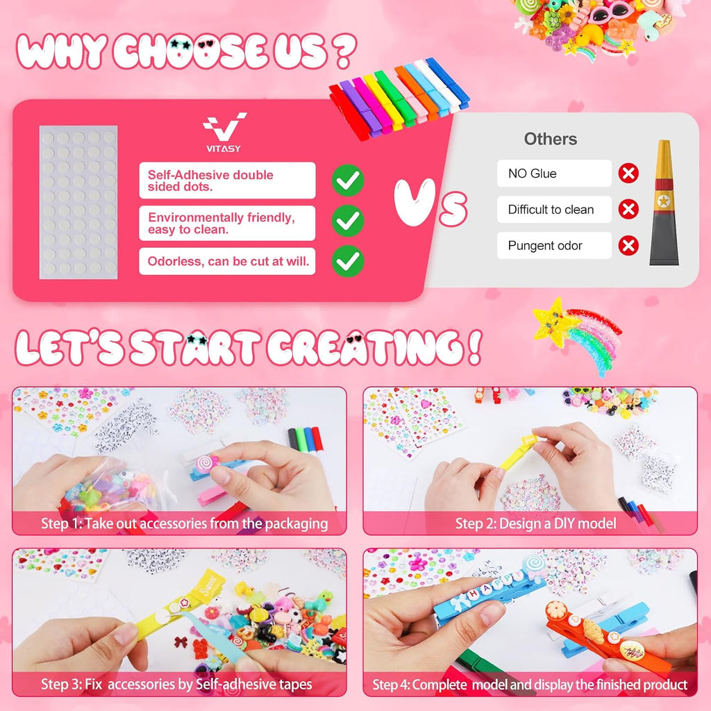Cheer Pins Spirit Clips,80 Wooden Colored Clothes Pins with 120 Mini Resin Charms Bows Sticker,400 Letter Beads,200 Self-Adhesive Dots,Cheer Pin kit for Ribbon Team Classroom Cheerleading Gifts Bulk