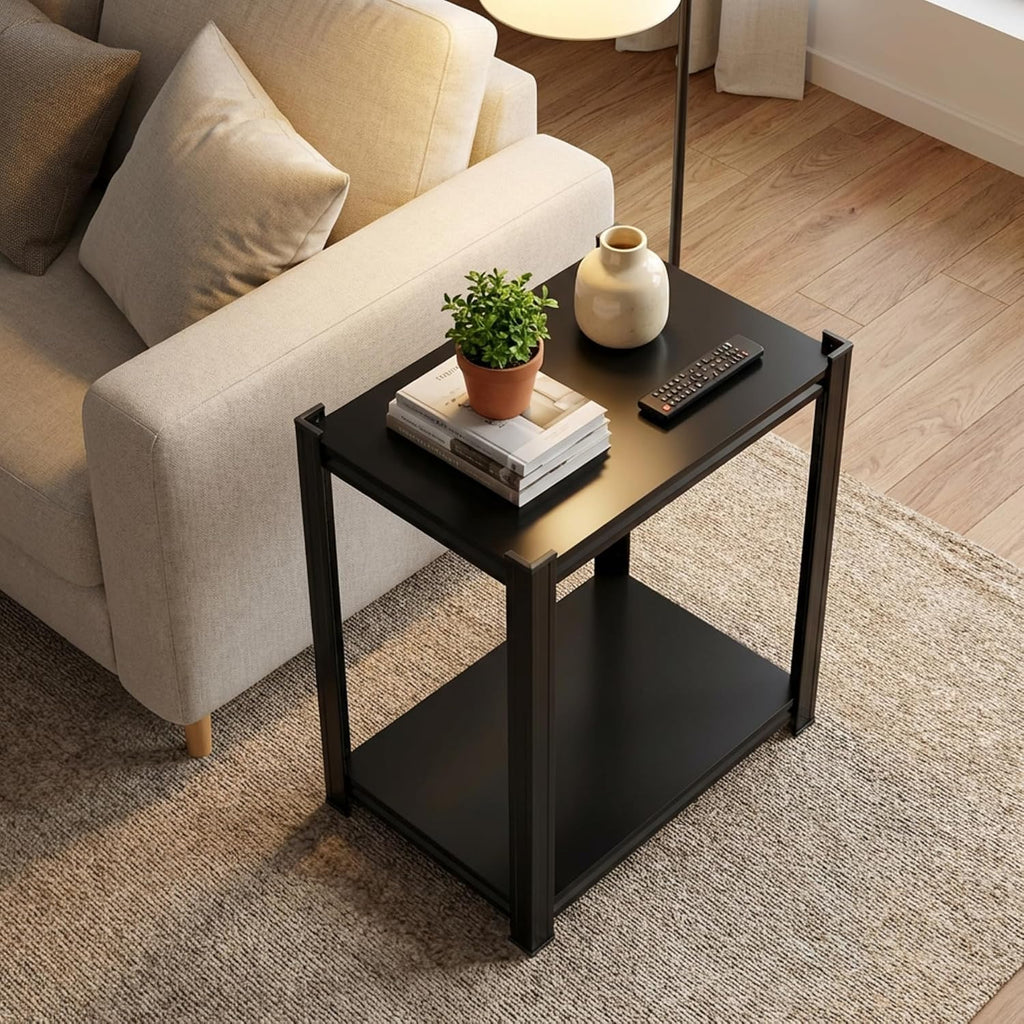 Metal Side Table, Small End Table, Modern Nightstand with 2-Tier Storage Shelves, Industrial Bedside Table for Living Room, Bedroom, Office, Small Spaces, Sturdy Frame, Easy Assembly, Black