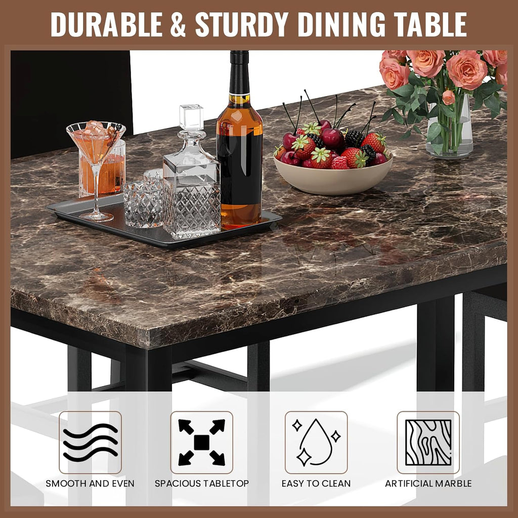 Hooseng 5 Piece Dining Table Set for 4, Faux Marble Kitchen Table with Upholstered Chairs, Modern Dinner Table Set for Dining Room, Apartment, Small Spaces, Brown＆Brown