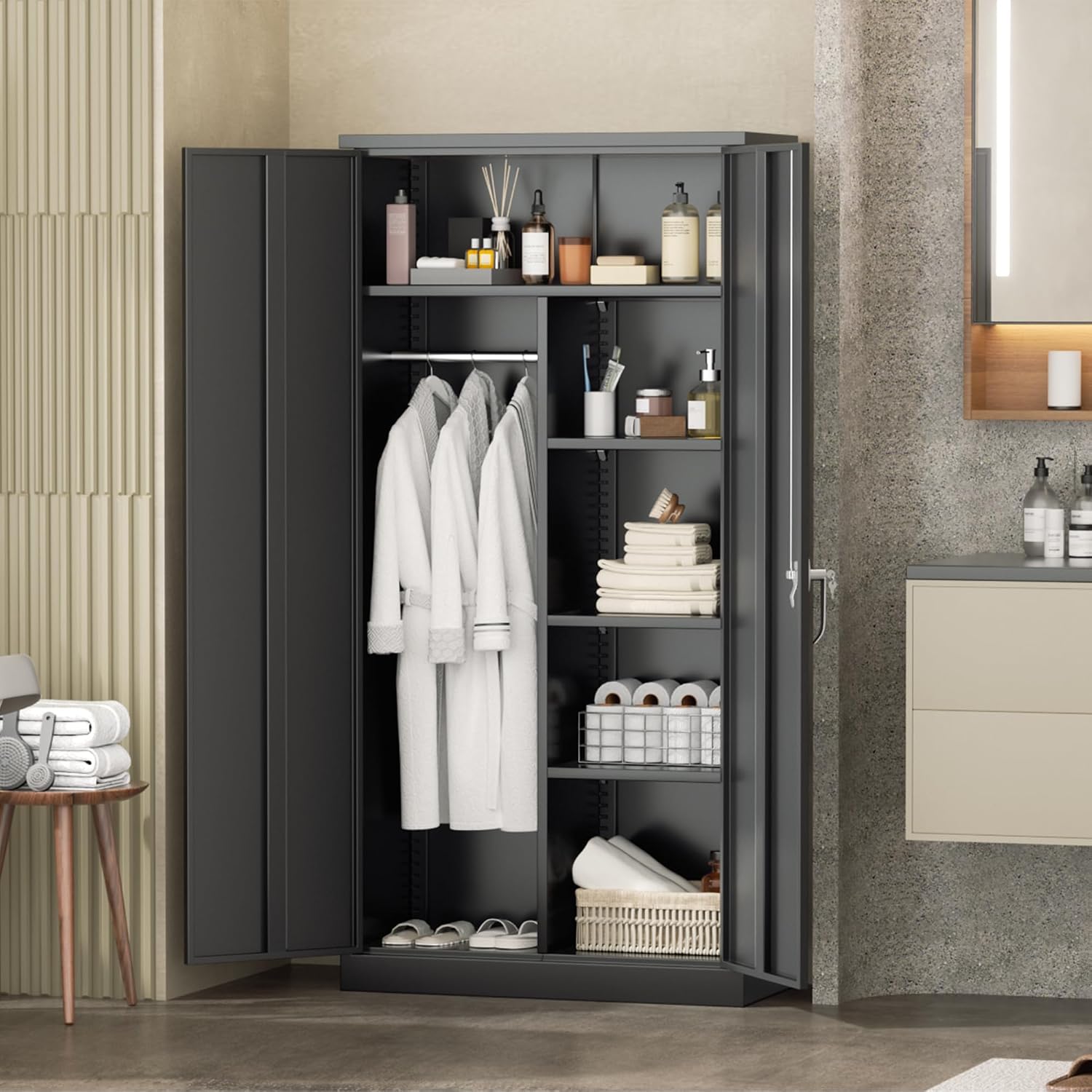 INTERGREAT Metal Wardrobe Cabinets with Lock, 72" Clothing Storage Cabinets with Hanging Rod and 4 Adjustable Shelves, Armoire Wardrobe for Office, School, Employee, Government, Black