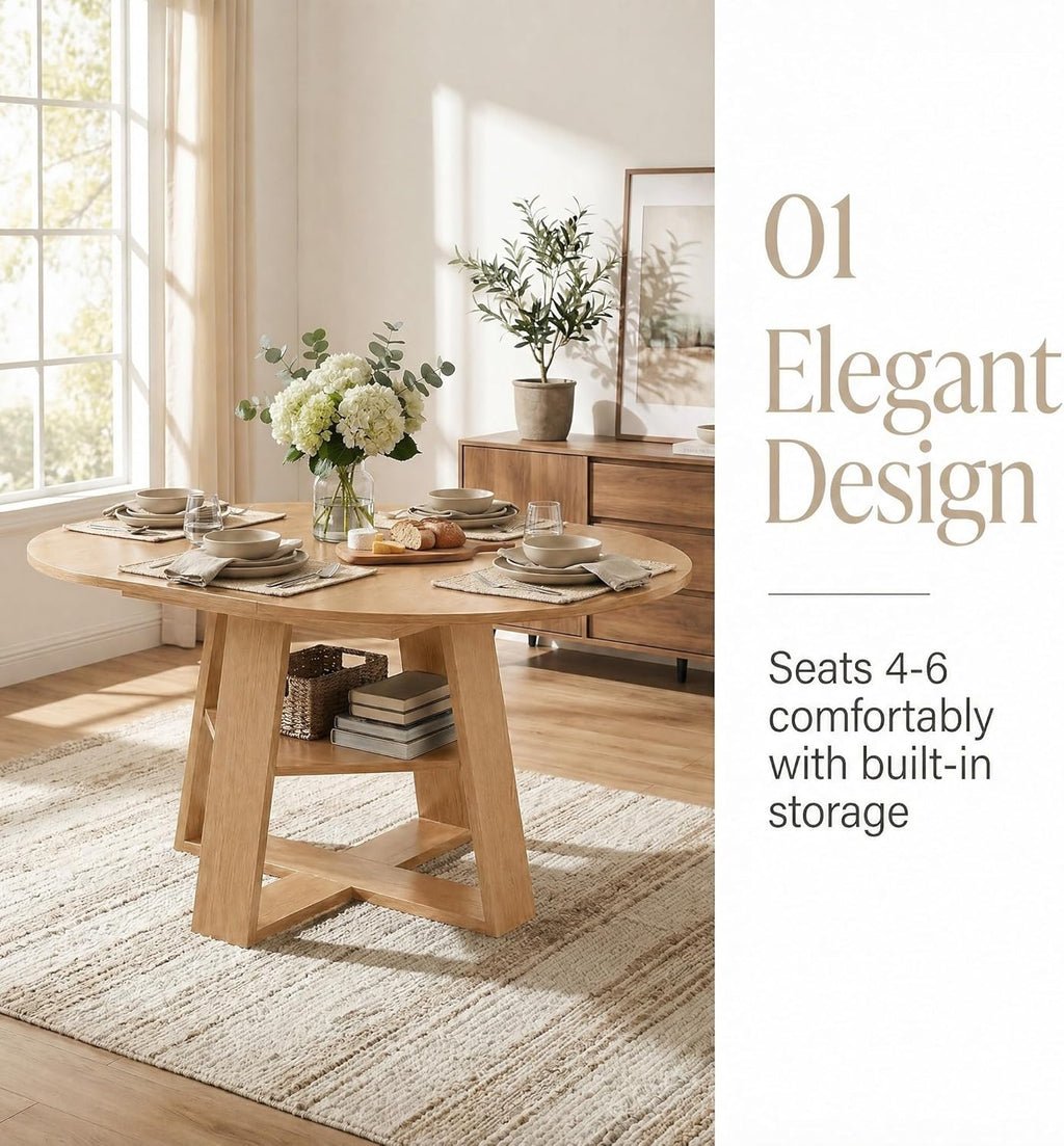 5 Piece Round Extendable Dining Table Set for 4, 43"-59" Natural Wood Oval Expanding Kitchen Table with 4 French Upholstered Chairs, Space Saving Extendable Dining Room Tables with Storage Shelf