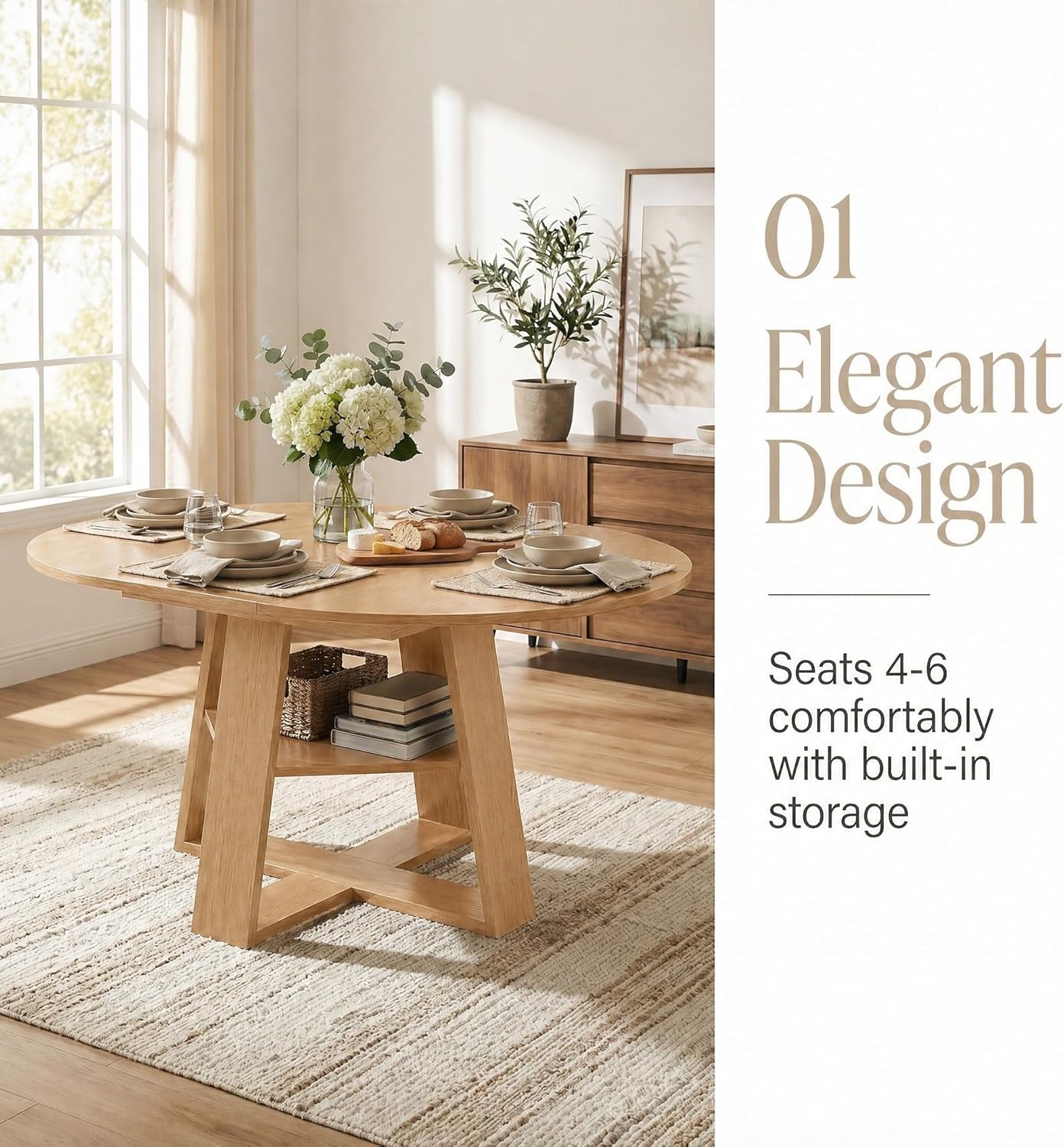 5 Piece Round Extendable Dining Table Set for 4, 43"-59" Natural Wood Oval Expanding Kitchen Table with 4 French Upholstered Chairs, Space Saving Extendable Dining Room Tables with Storage Shelf