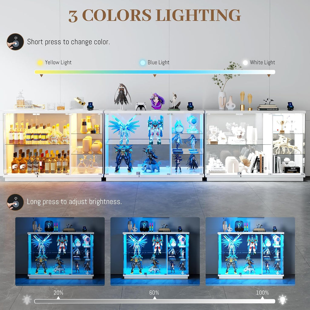 Gurexl 47.2" W Glass Display Cabinet with 3-Color LED Lights, 5-Tier Lockable Curio Cabinet with Human Body Sensor & Charging Station, Display Case for Collectibles, Living Room, Kitchen, White