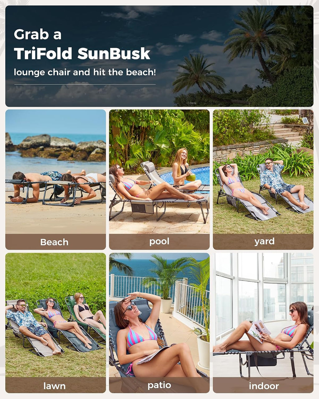 KingCamp Folding Chaise Lounge Chair,Heavy Duty Adjustable 5-Position Outdoor Tanning Sunbathing Lay Flat Chair for Beach, Camping, Lawn & Patio with Pillow, Beige