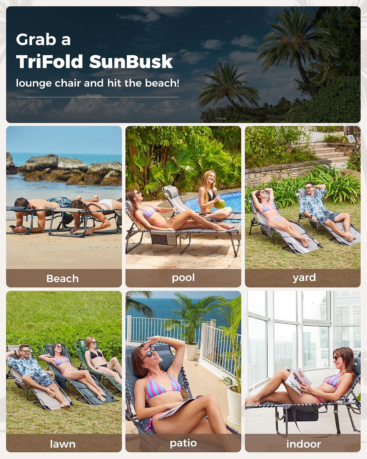 KingCamp Folding Chaise Lounge Chair,Heavy Duty Adjustable 5-Position Outdoor Tanning Sunbathing Lay Flat Chair for Beach, Camping, Lawn & Patio with Pillow, Beige