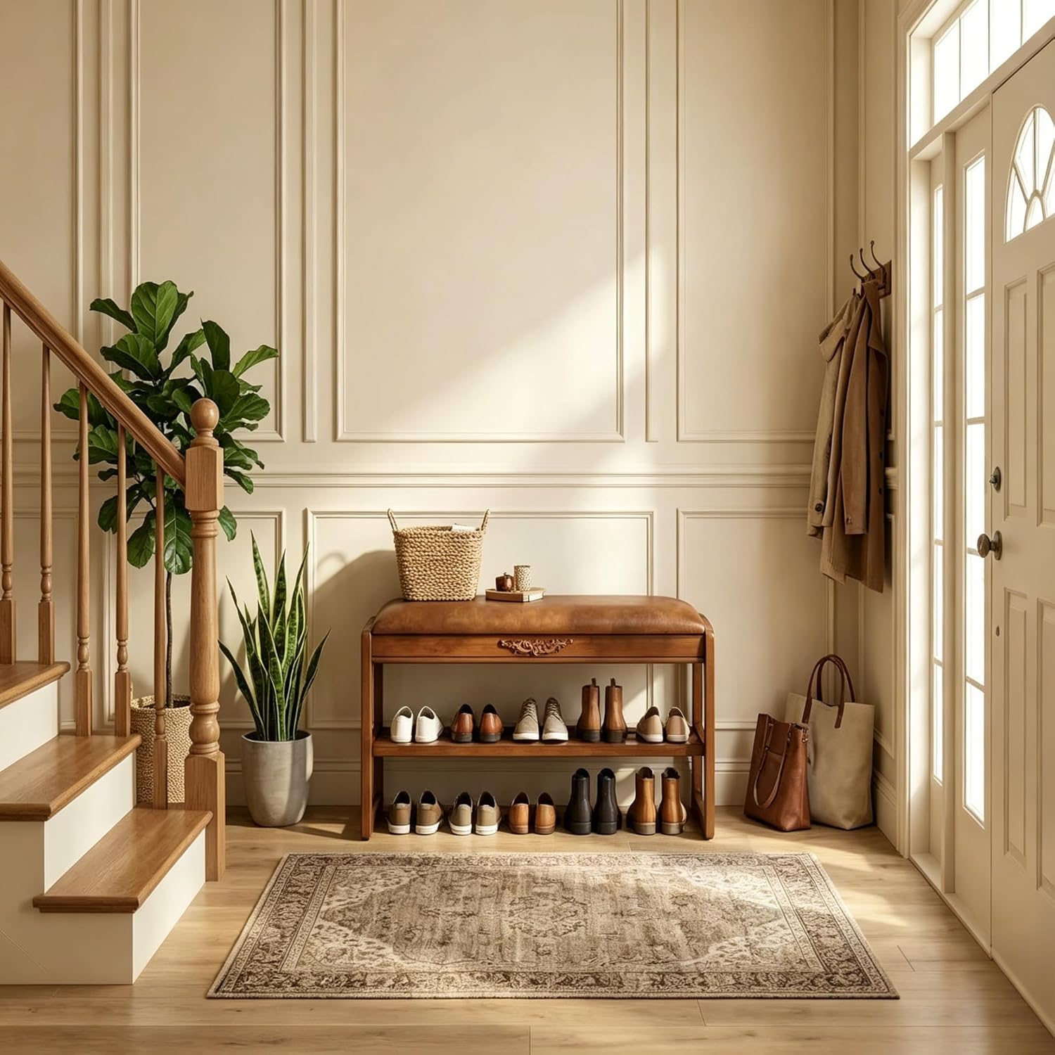 Shoe Rack Bench,2 Tiers Shoe Bench with Storage with Flip-Top,Wood Shoe Rack for Entryway,Hallway(Solid Upholstered Seat,31.5")