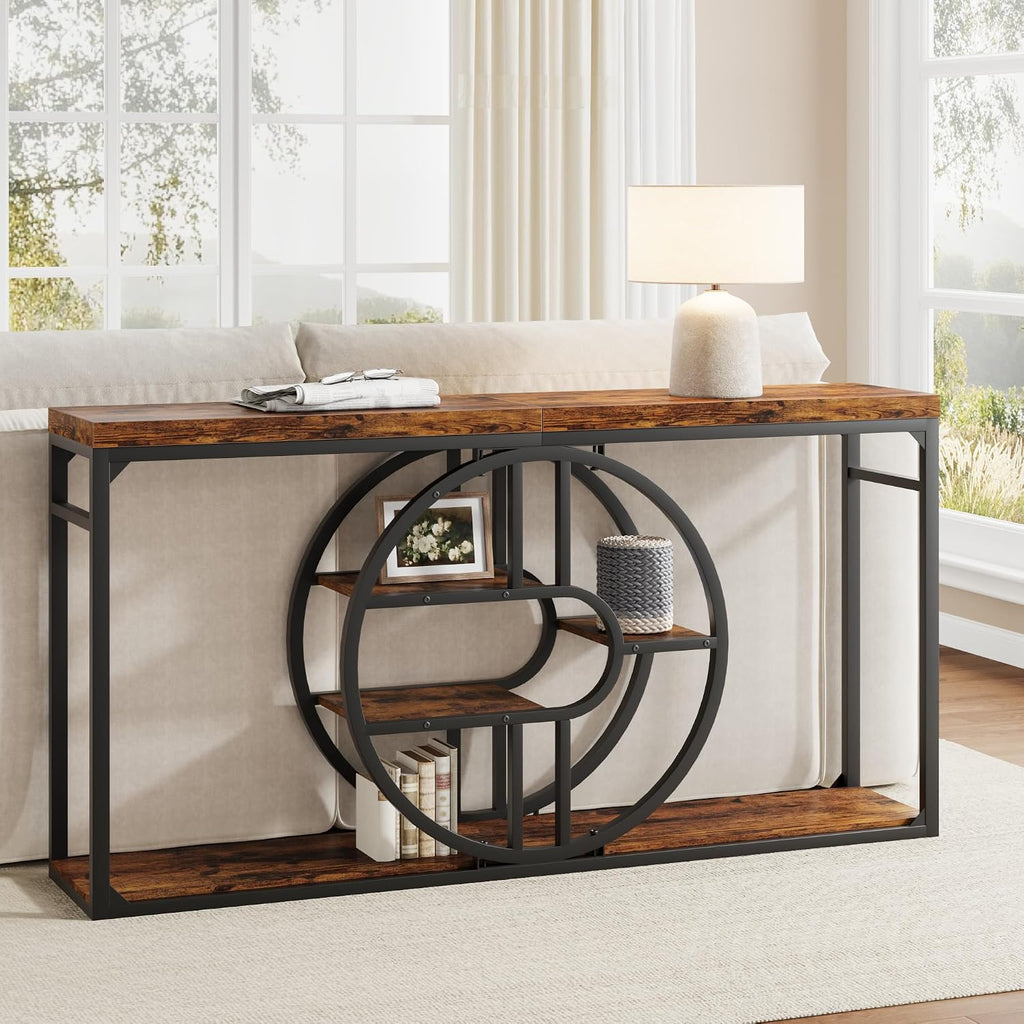 Garvee 55" Entryway Table, 5-Tier Console Tables for Entryway, Industrial Sofa Tables with Storage for Living Room, Entry Hallway Couch Entrance Table with o-Shaped Metal Frame & Storage Shelves