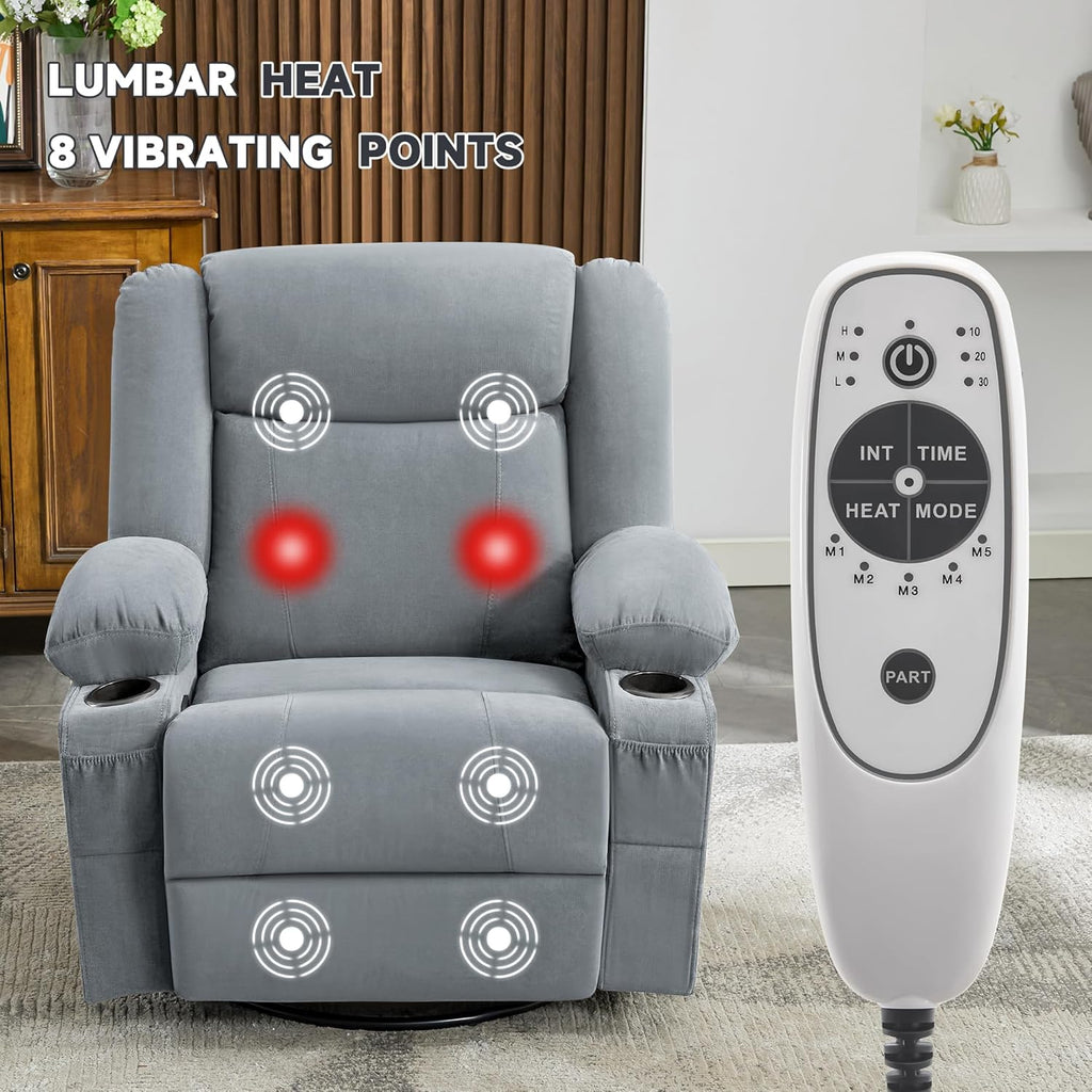 Swivel Rocker Recliner Chair with Heat and 8-Point Massage, Extra Wide Manual Lounge Sofa for Adults, Overstuffed Living Room Chair with 2 Cup Holders 4 Pockets & Remote (-Grey)