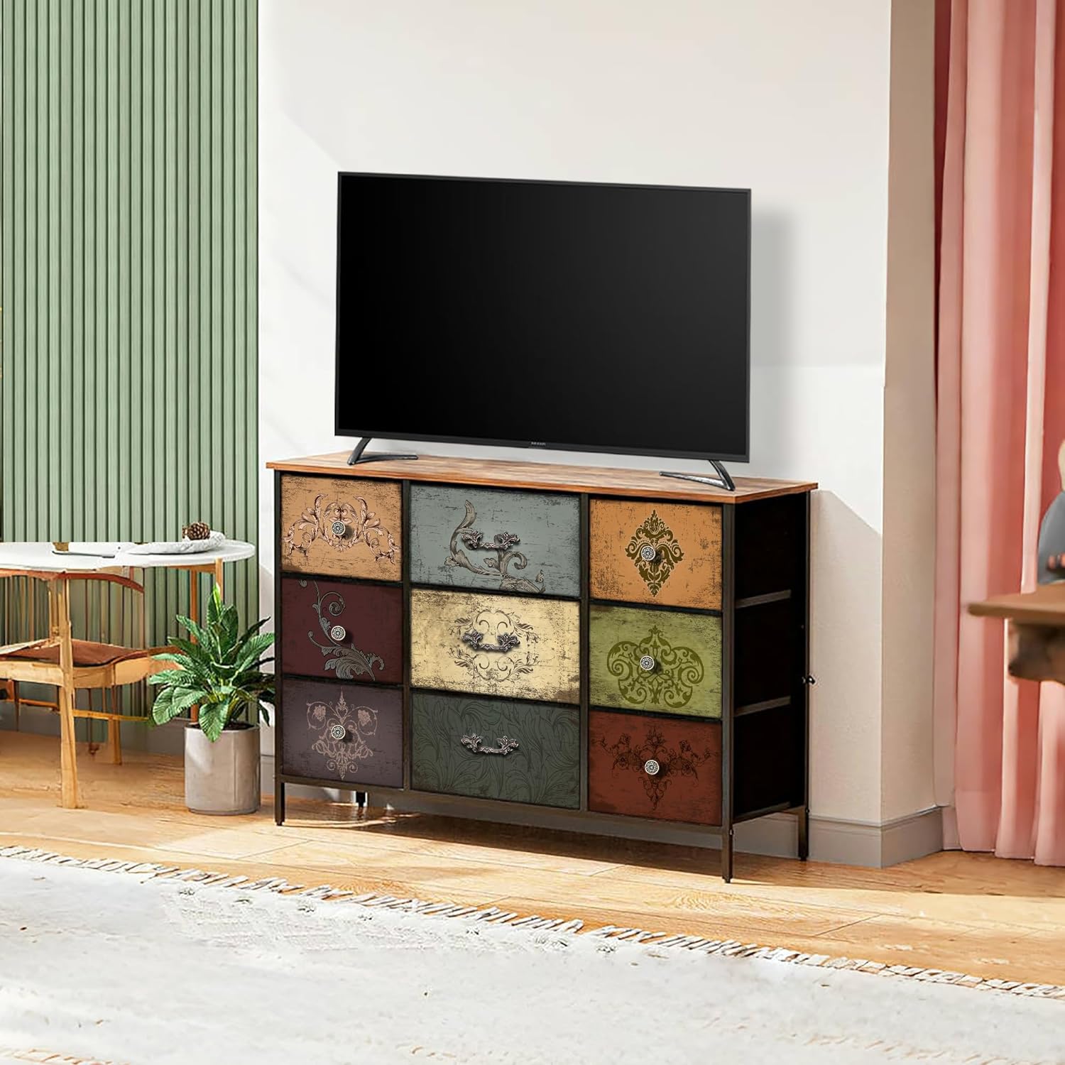 VASICAR Dresser for Bedroom with 9 Deep Fabric Drawers, Wide TV Stand | Horizontal Storage Cabinet, Colorful Chest of Drawers for Closet, Nursery, Entryway, Hallway, Laundry Room