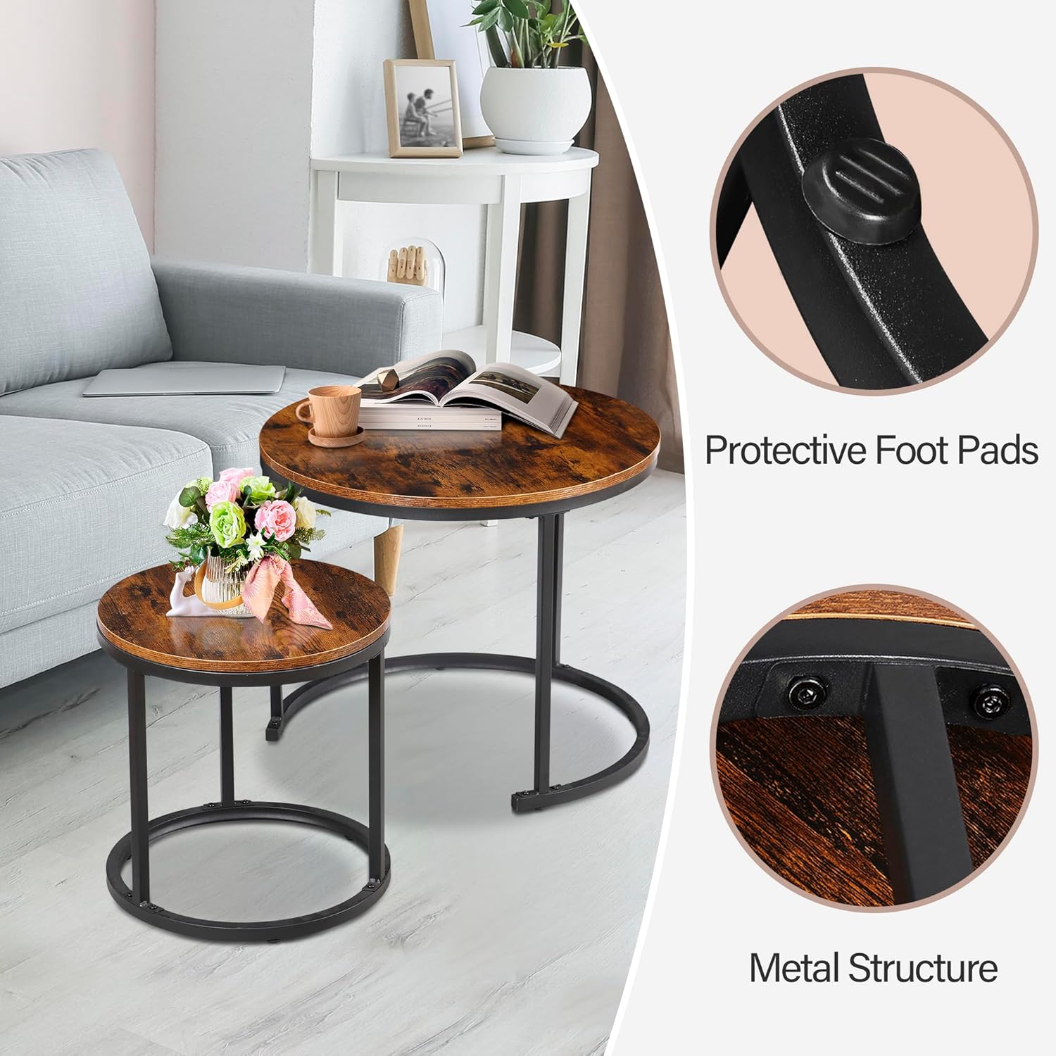 ZENY Nesting Coffee Table Set of 2, 23.6inch Round Coffee Table Wood Grain Top with Sturdy Metal Frame, Industrial End Table Side Tables for Living Room Bedroom Balcony Yard, Rustic Brown