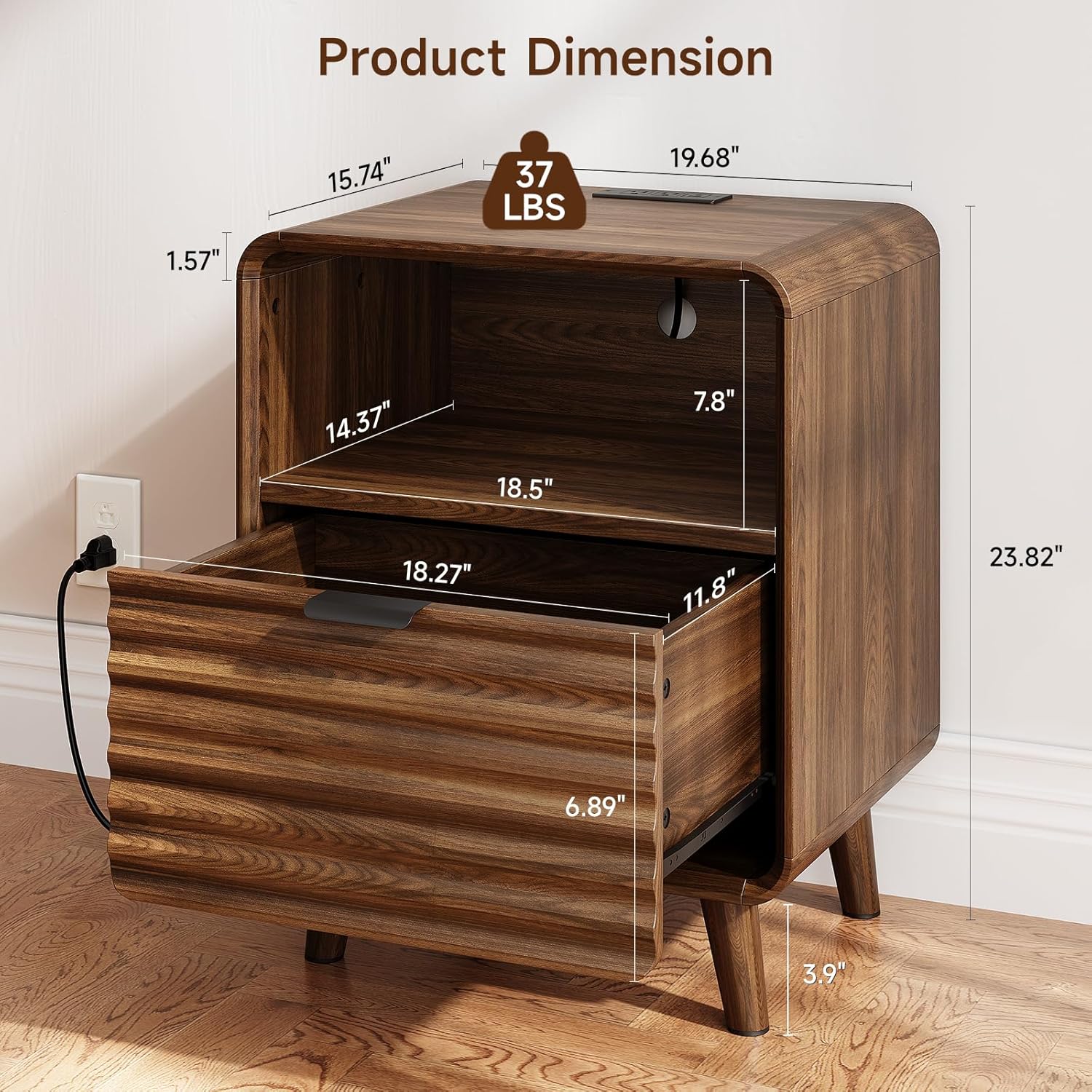 ONBRILL 19.7'' Wide End Table with Charging Station,Fluted Accent Side Table with Drawer & Open Cubby Storage,Mid Century Nightstand for Bedroom,Living Room,Walnut