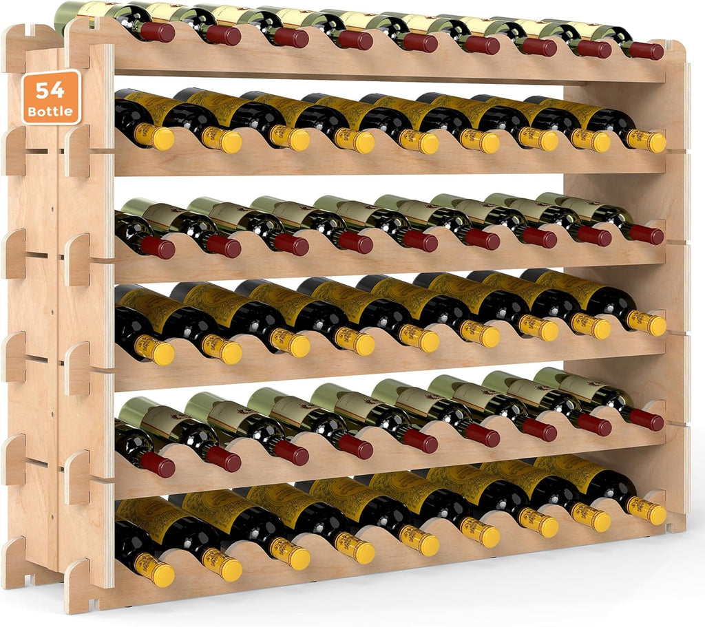 Stackable Wine Rack - 6-Tier Wobble-Free Modular Wine Holder, Freestanding Wooden Wine Storage Shelf for 750ML Bordeaux/Riesling/Burgundy Bottles, Fit Kitchen Cellar Gift for Wine Lovers(54 Bottle)