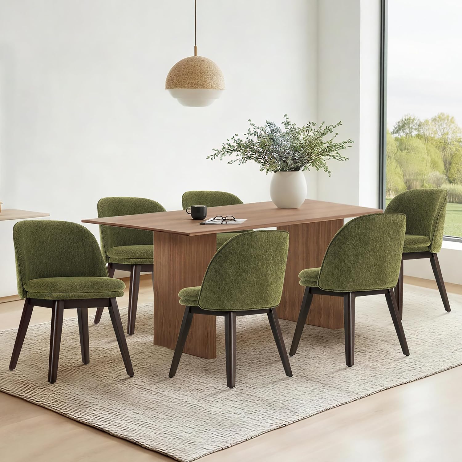 KISLOT Wooden Dining Chairs Set of 2, Fabric Upholstered Modern Dining Room Chairs with Double-Layer Thick Seat Cushion & Ergonomic Backrest for Restaurant, Kitchen and Café, Green