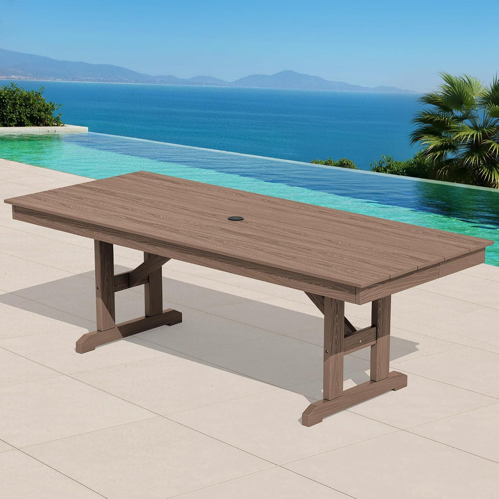 SERWALL Outdoor 84" HDPE Dining Table with Umbrella Hole for 6-8, Brown | 9-piece HDPE 84" dining table, Ideal for Outdoor Gathering