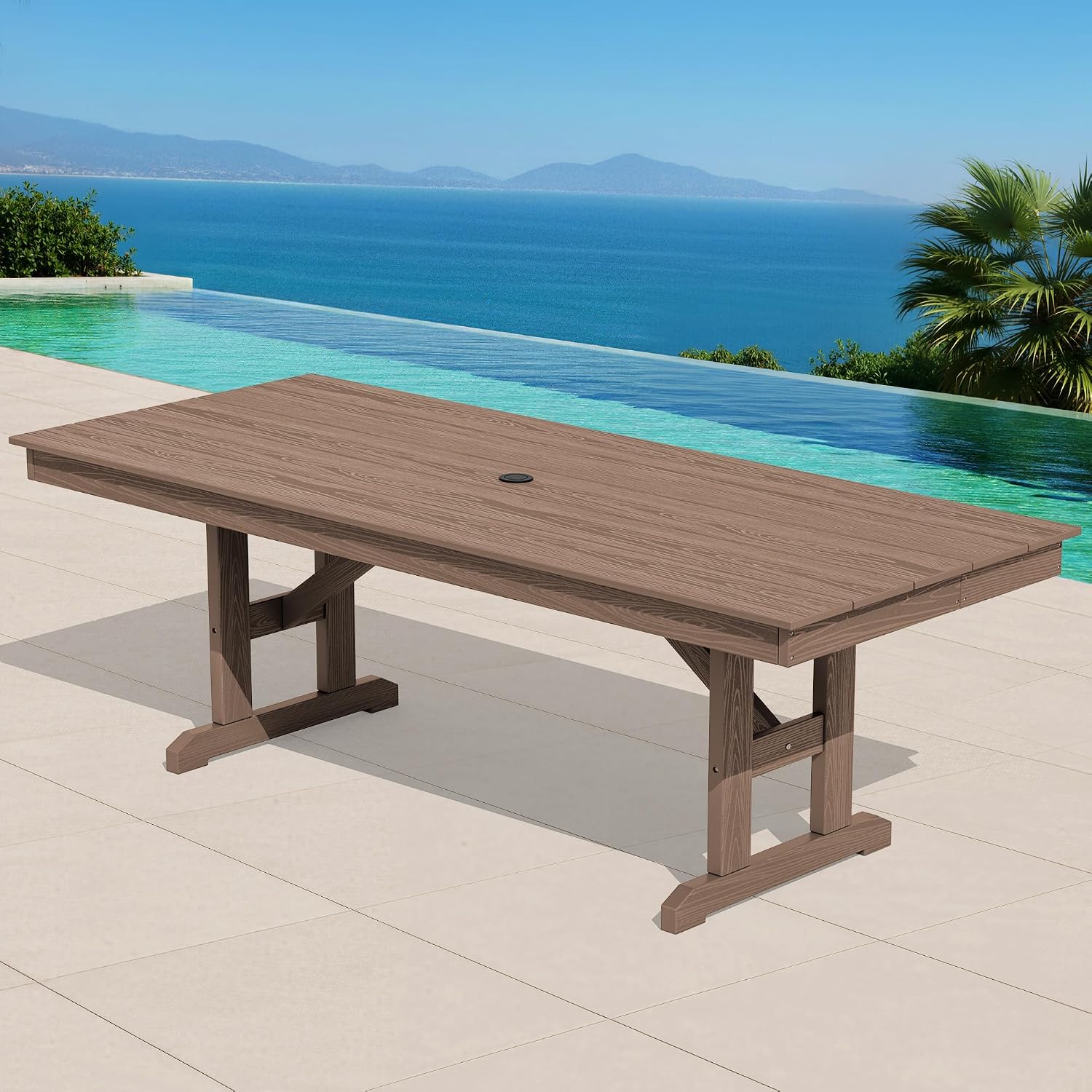 SERWALL Outdoor 84" HDPE Dining Table with Umbrella Hole for 6-8, Brown | 9-piece HDPE 84" dining table, Ideal for Outdoor Gathering
