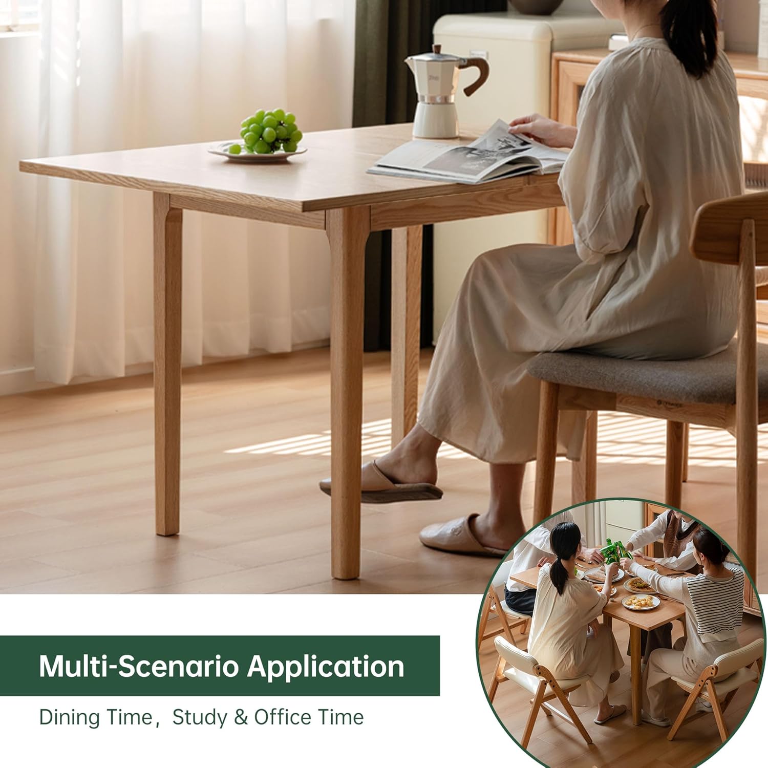 31"-47" Extendable Dining Table Chairs and bench Set for 4, Solid Wood Folding Kitchen Table with Oak Wood Legs, Space-Saving Dinner Tables for Living Room, Kitchen(Original, 1table+2chairs+1bench)